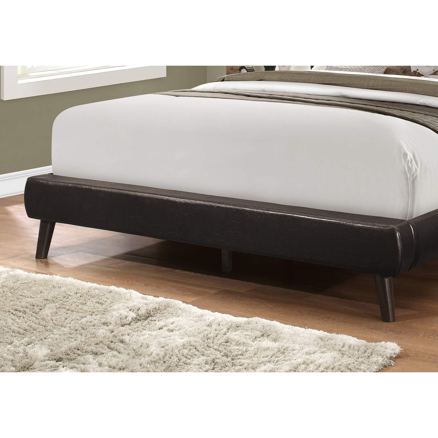 Monarch Specialties Queen Size Brown Leather-Look Bed Frame with Wood Legs - Elegant Bedroom Furniture for Master Suite or Guest Room