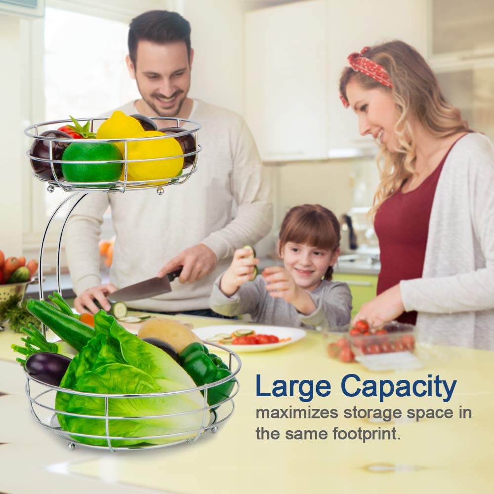Auledio 2-Tier Countertop Fruit and Vegetable Storage Basket with Banana Hanger - Chrome Metal Kitchen Organizer for Fresh Produce Display in Pantry or Dining Room