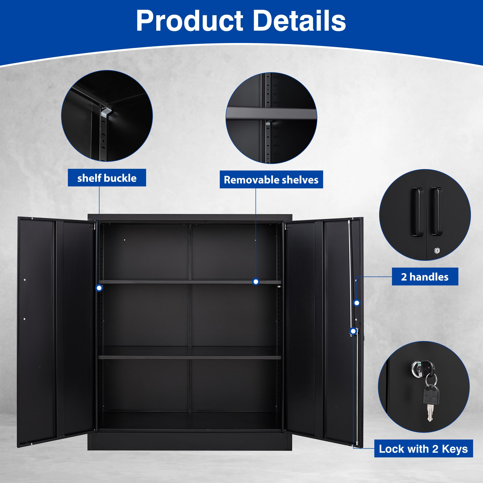 Lockable Metal Storage Cabinet with 2 Adjustable Shelves - Heavy Duty Steel Garage Cabinet with Doors, Large Capacity Organizer for Home, Office, Workshop & Garage Storage Solutions