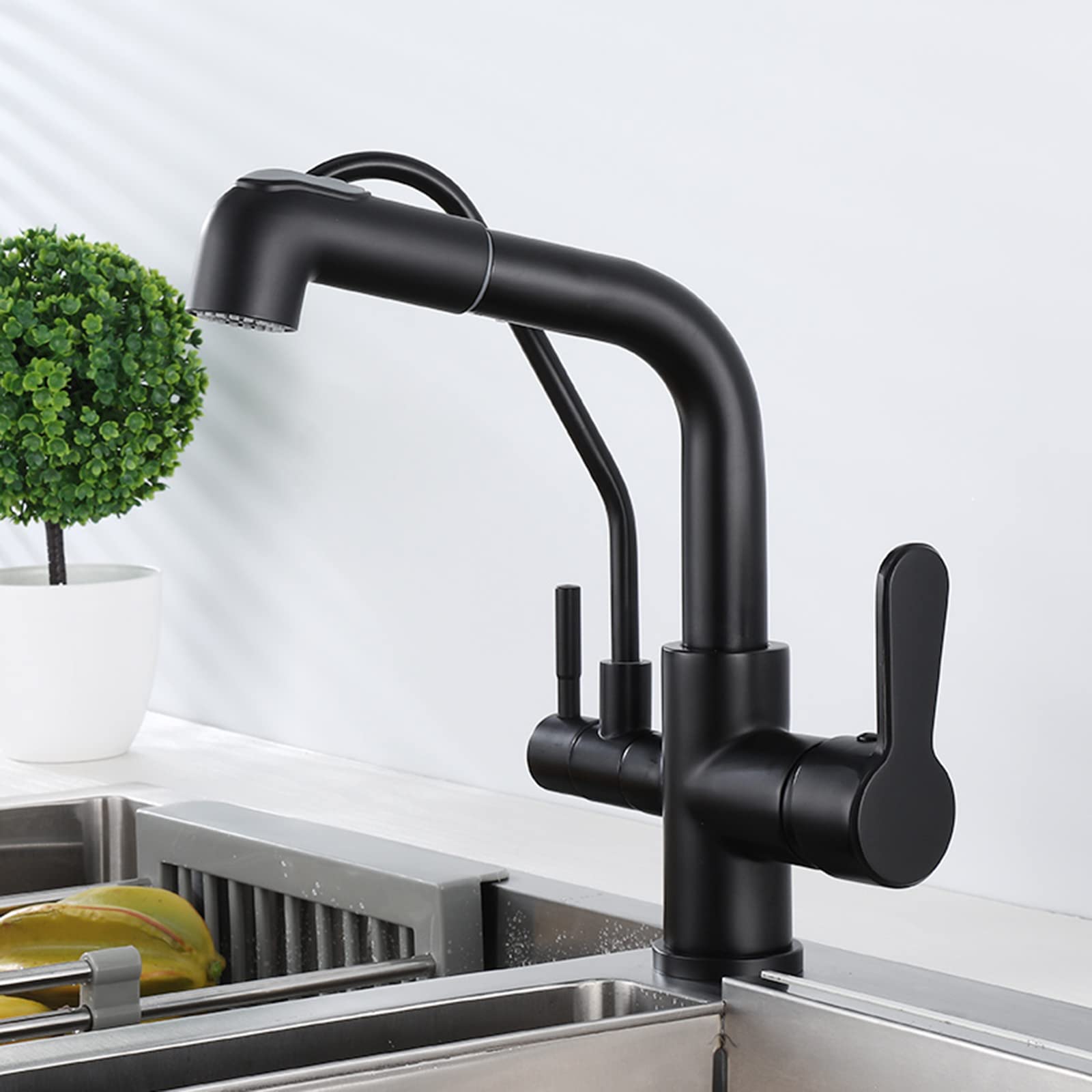 3-Way Pull-Out Spray Kitchen Faucet with Water Filter - Black Brass Swivel Spout for Hot & Cold Water - Multi-Functional Sink Faucet for Modern Kitchens, Dishwashing & Food Prep