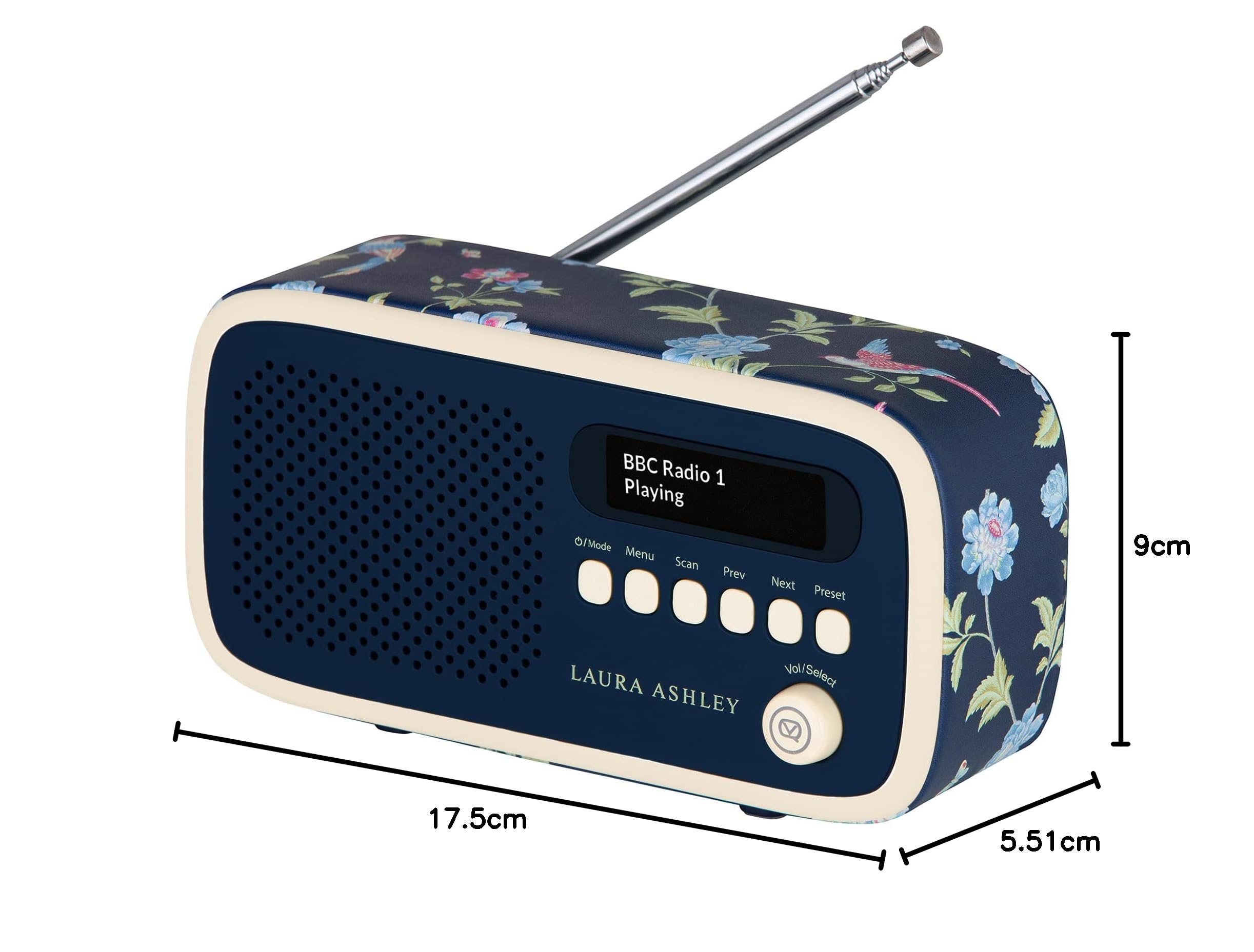 VQ Laura Ashley Dexter Dab+/Dab Radio with FM, 3W Stereo Speakers, LCD Display - Mains/Battery Powered Portable Radio with 60 Presets & Headphone Jack - Elveden Navy Blue - Perfect for Bedroom, Kitchen, Office or Travel Use
