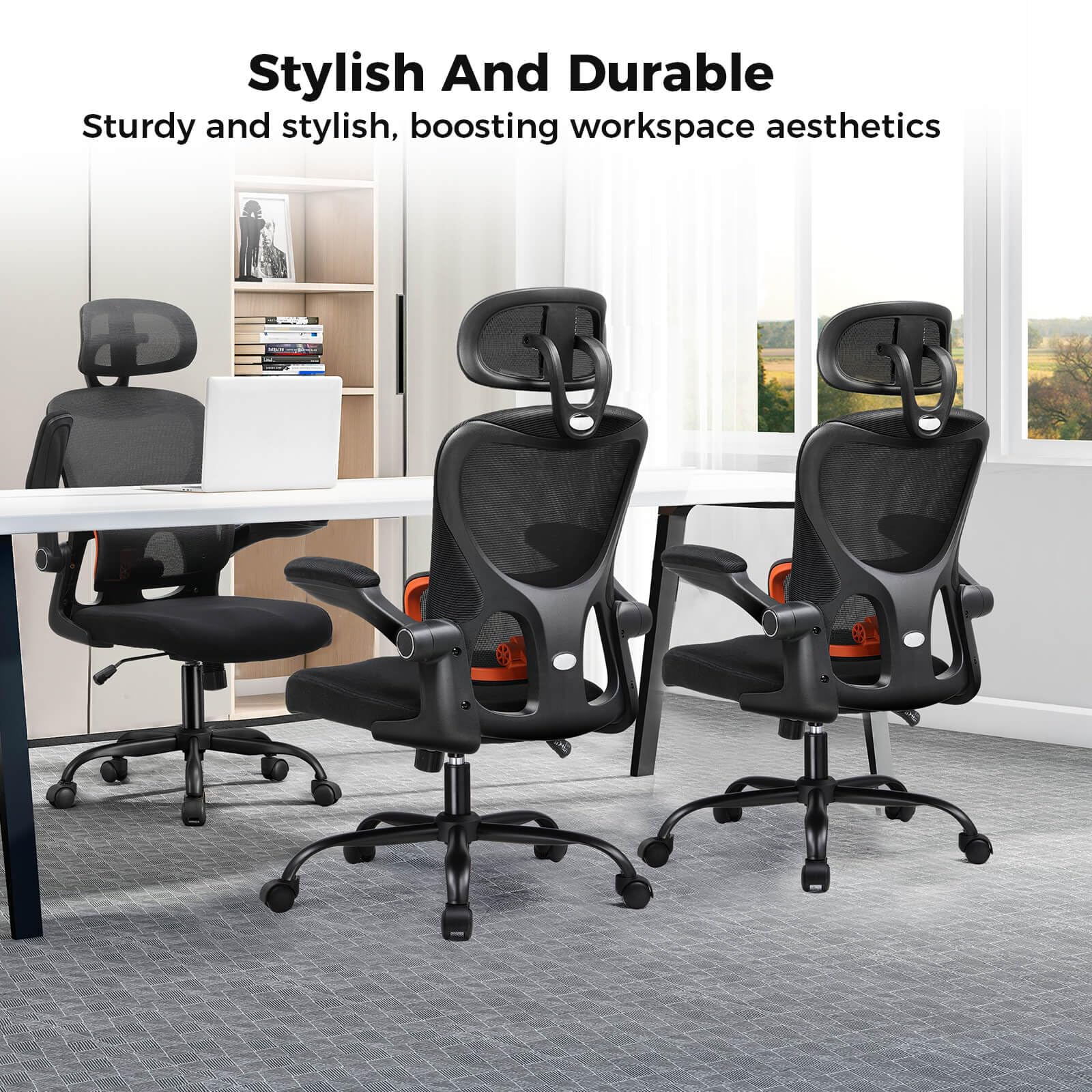 COMHOMA Ergonomic Office Desk Chair with 3D Adjustable Lumbar Support & Headrest - High Back Executive Computer Chair for Back Pain Relief, Flip-Up Armrests, Comfortable Mesh Task Chair (Ergo-Black) - Perfect for Home Office, Gaming, and Long Work Sessions