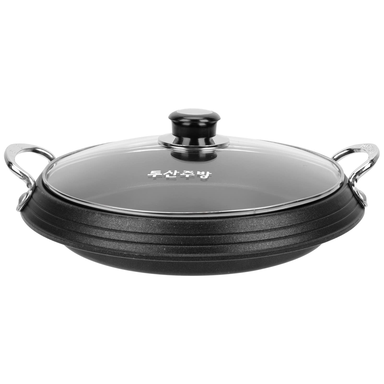 Premium Korean Wok Pan with Glass Lid - 11 Inch Marble Coated Cast Aluminum Non-Stick Frying Pan for BBQ, Hot Pot & Stir Fry - Compatible with Gas, Induction & Ceramic Stoves - Black Griddle Pan (30x26cm) - Perfect for Asian Cooking, Home Kitchen & Outdoor Camping