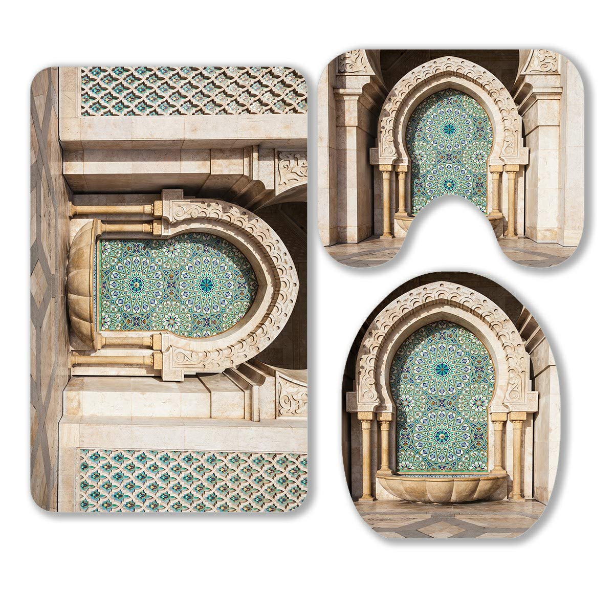 Premium 3-Piece Bathroom Rug Set - Non-Slip Hassan II Mosque Exterior Design, Contour Mat & Toilet Lid Cover - Moroccan Inspired Decor for Modern Bathrooms