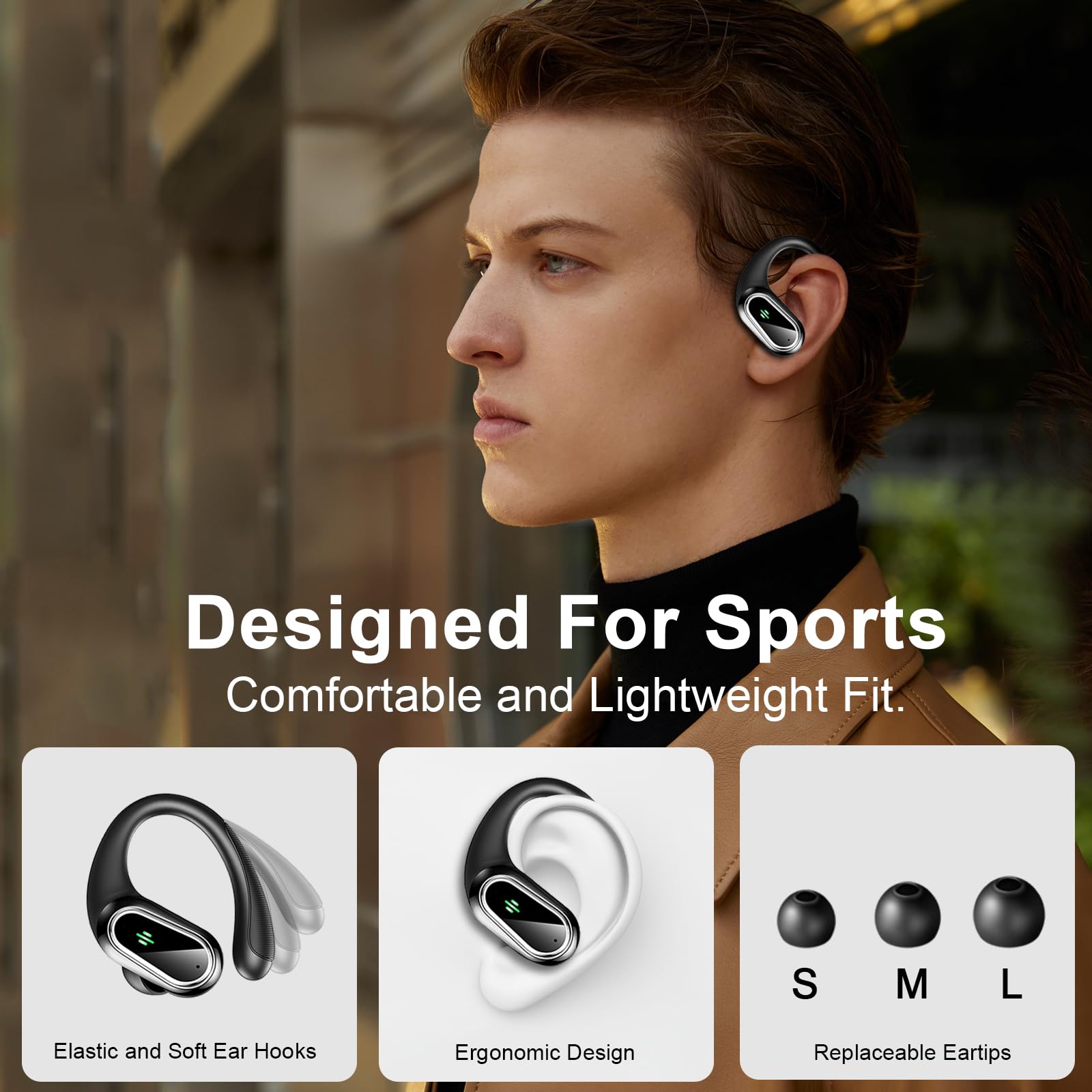 Wireless Bluetooth Earbuds with Earhooks - 50H Playtime, ENC Noise Canceling Mic, Deep Bass & IP7 Waterproof - Ideal for Running, Workout & Sports | Digital Display Case