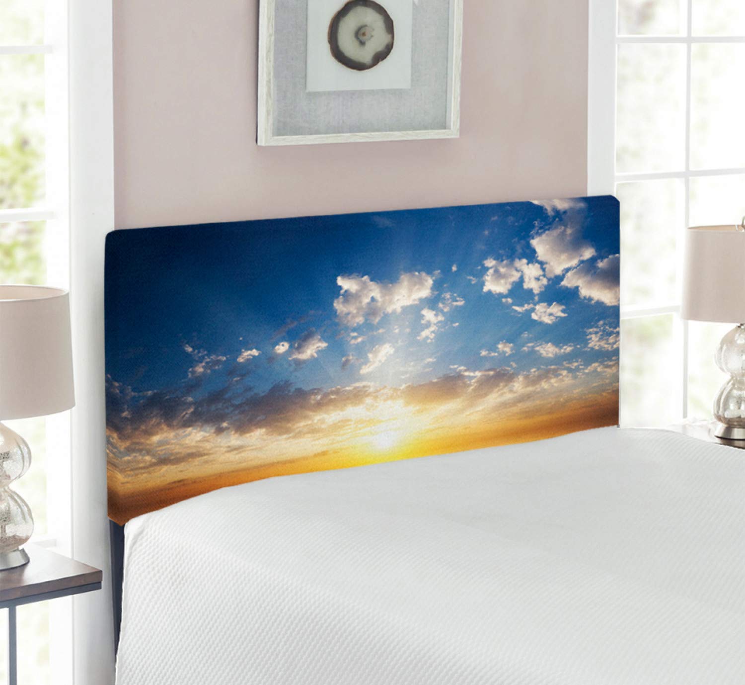 Ambesonne Mystic Upholstered Headboard - Sunset Ocean View with Sun Rays, Twin Size Metal Bed Frame with Memory Foam in Yellow, Brown & Blue | Coastal Bedroom Decor for Master & Guest Rooms