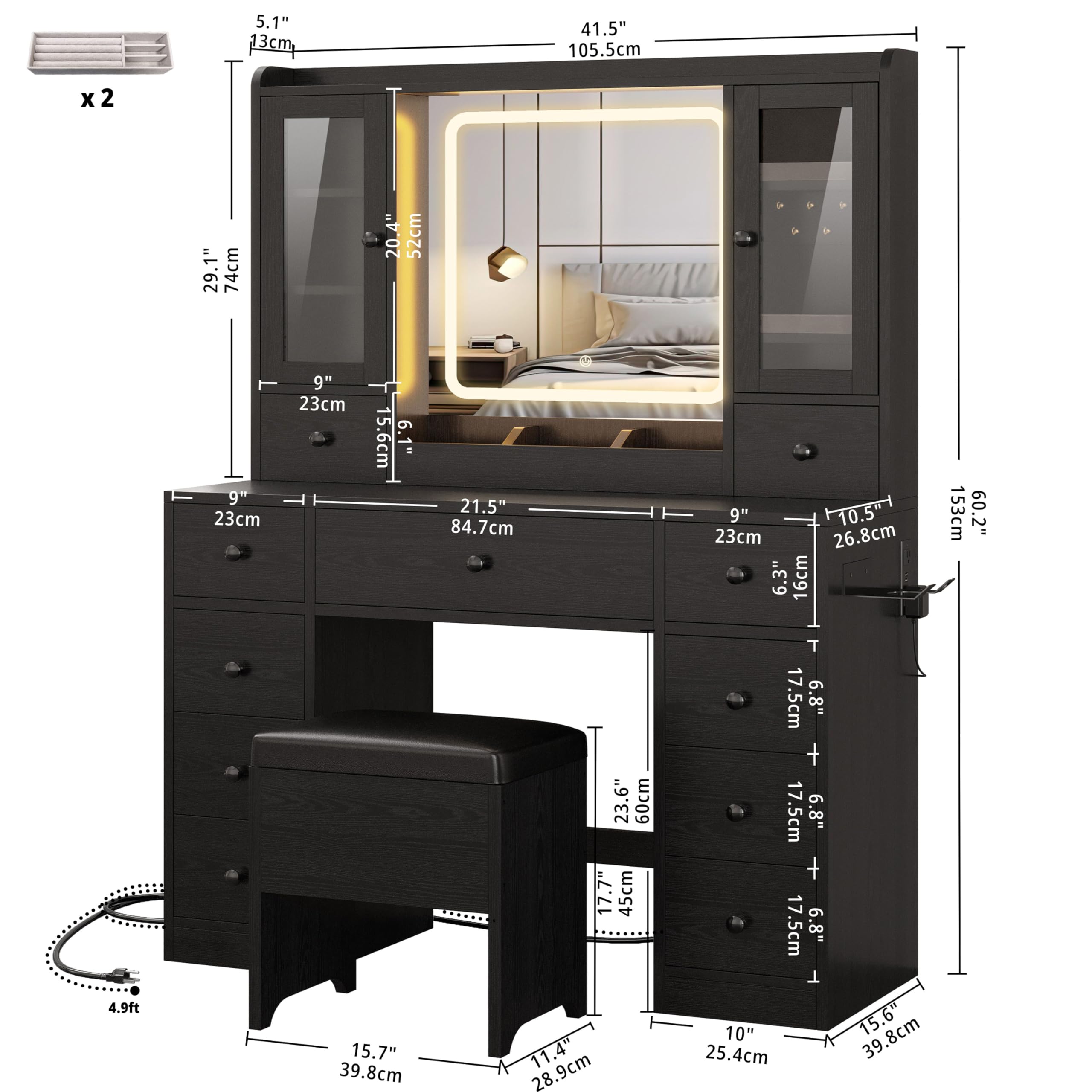 Black IRONCK LED Vanity Desk with Mirror & Charging Station - Perfect for Makeup & Jewelry Storage