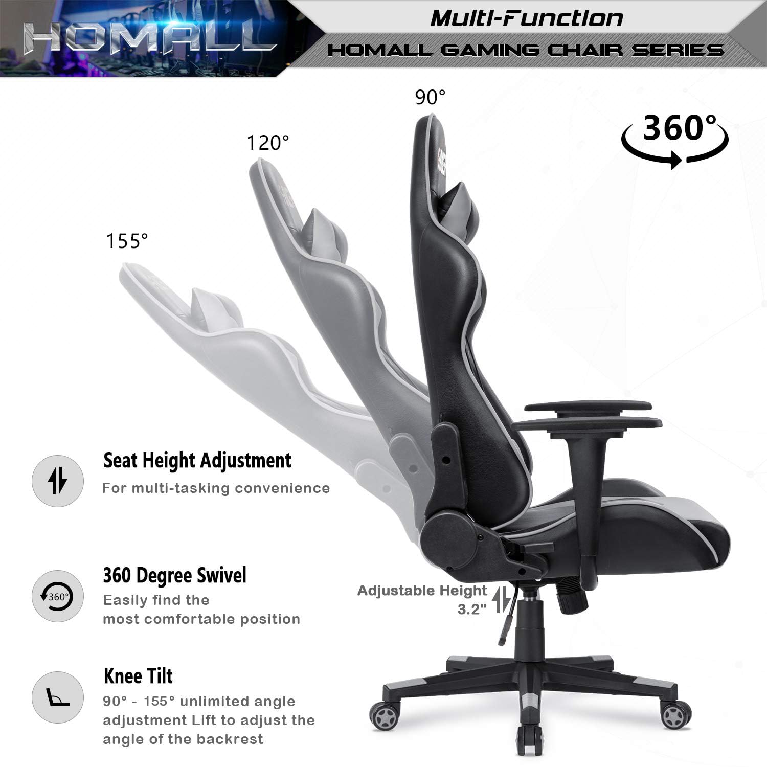 Homall Ergonomic Gaming Chair - High Back Office Chair with Adjustable Headrest & Lumbar Support, Leather Computer Desk Chair for Racing Style Executive Workstation (Grey) - Perfect for Home Office, Gaming Setup & Professional Workspaces