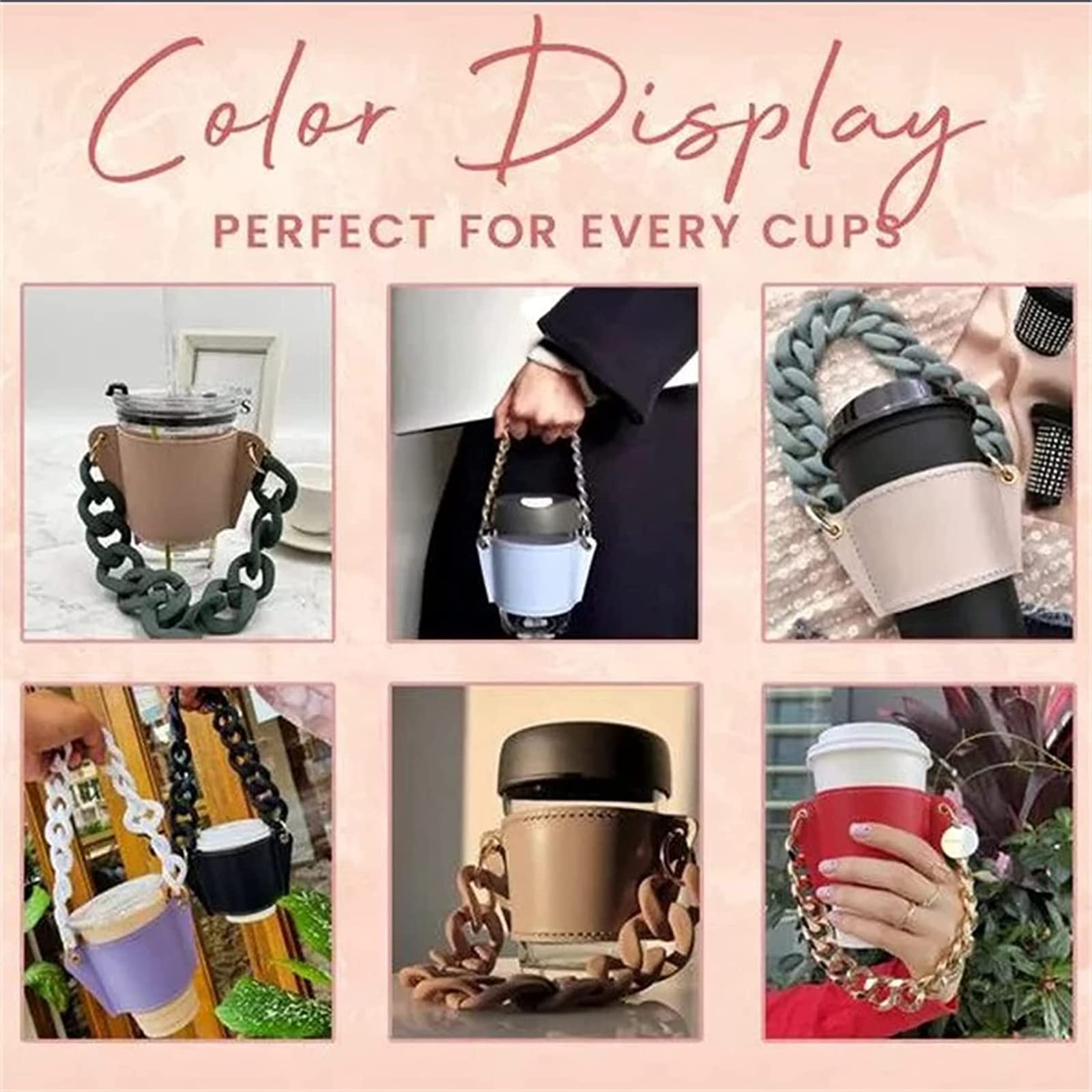 Premium Leather Drink Sleeve with Handle - Reusable Travel Coffee Cup Holder, Detachable Metal Chain for Convenience, Insulated Portable Beverage Cup Sleeve (Brown) - Perfect for Coffee Lovers, Commuting, Office Use & Outdoor Activities