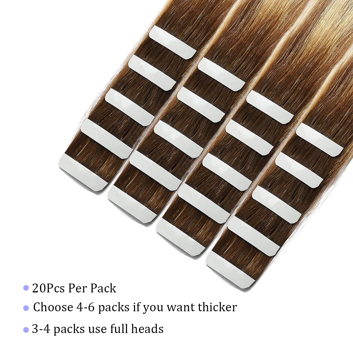 18-Inch Tape-In Human Hair Extensions - Balayage Dark Brown to Light Brown Blonde Ombre - 20 Pieces (50g) - Invisible, Real Human Hair - Tape Size #3/8/22 - For Everyday Wear, Parties & Special Occasions