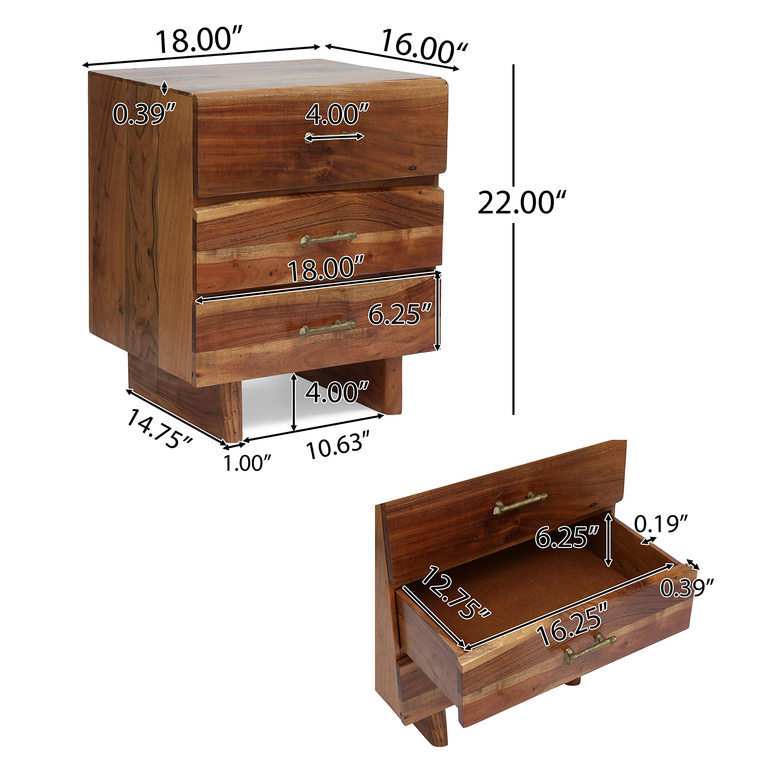 Christopher Knight Home Terrell Handcrafted Boho Acacia Wood 3-Drawer Nightstand - Dark Natural Finish for Bedroom, Living Room & Guest Room Decor