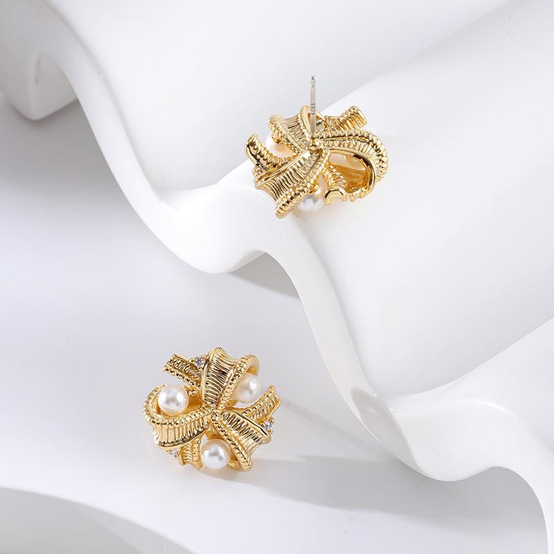Vintage Metallic Pearl Stud Earrings for Women | DMS217 | Elegant Jewelry Gift for Birthday, Anniversary & Special Occasions