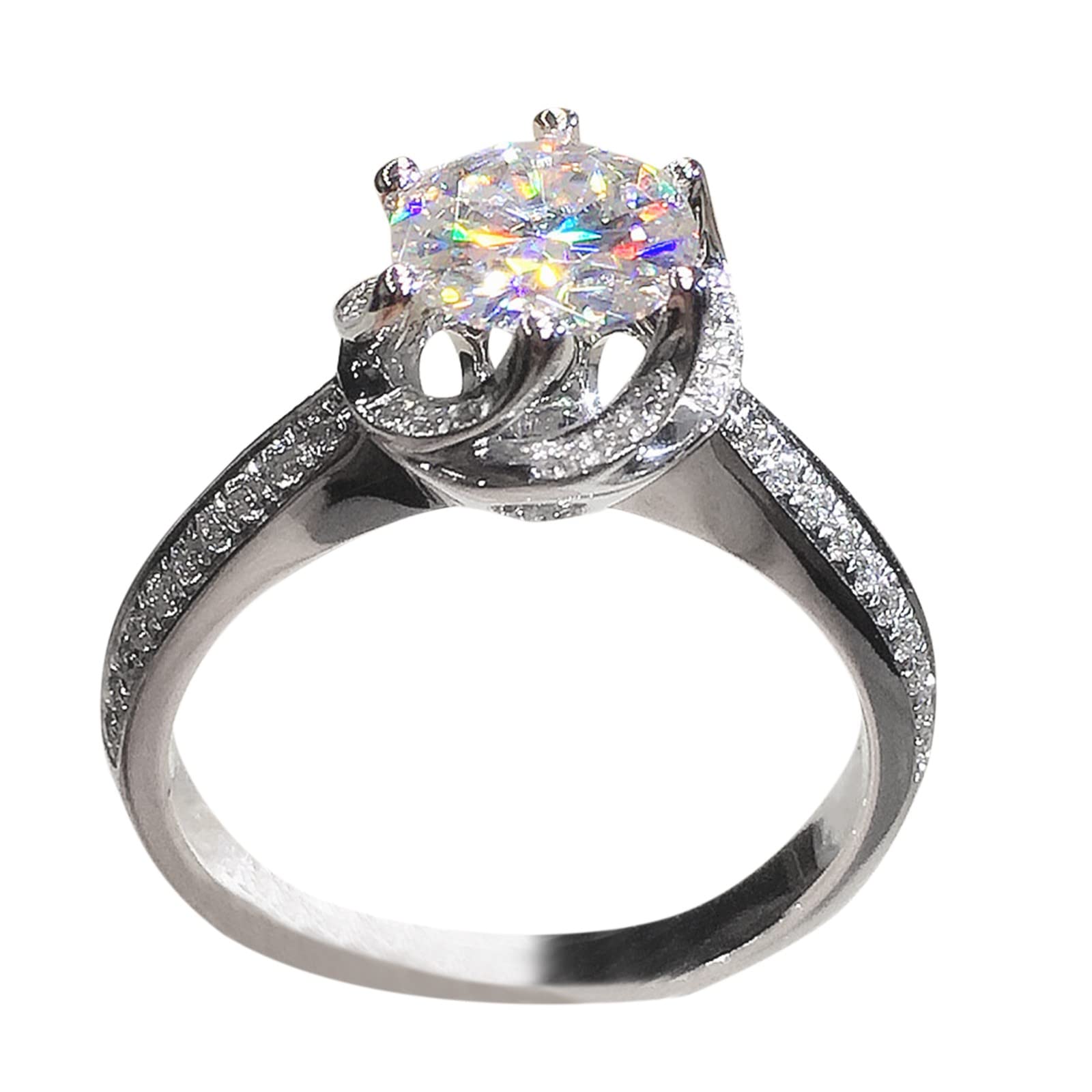 Sparkling Silver Six-Claw Rhinestone Ring for Women - Elegant Full Diamond Zircon Jewelry, Size 6-10, Simple Chunky Band - Perfect for Parties, Weddings & Everyday Wear (Silver, Size 10)