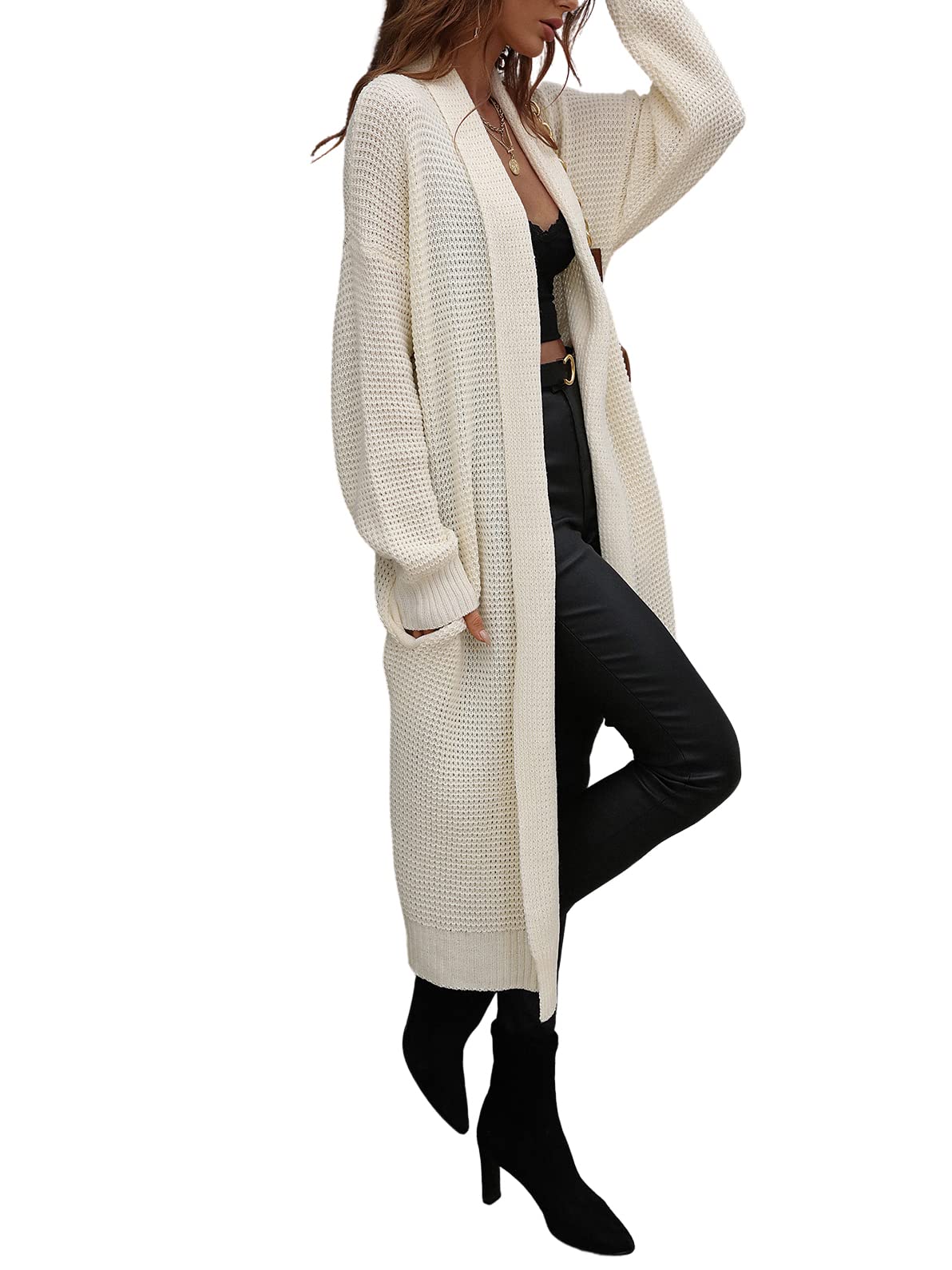 CHARTOU Women's Lightweight Long Waffle Knit Shawl Collar Open Front Duster Cardigan Sweater - Cozy Fall Layering Piece for Office, Travel & Casual Outfits
