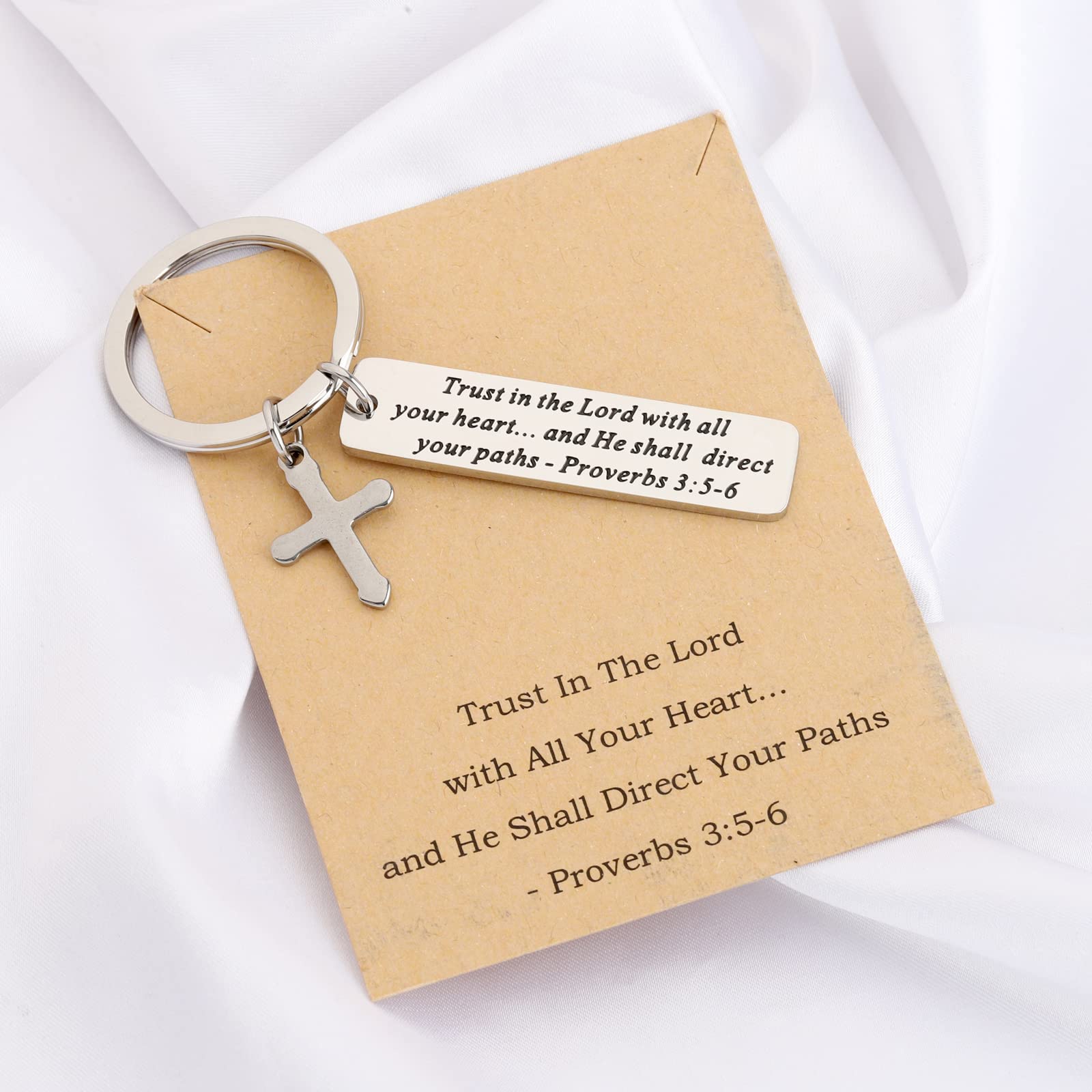 BEKECH Christian Keychain - Proverbs 3:5-6 Bible Verse Cross Charm (Trust in The Lord With All Your Heart) - Brown Leather Card - Inspirational Gift for Baptism, Confirmation & Daily Faith Reminder