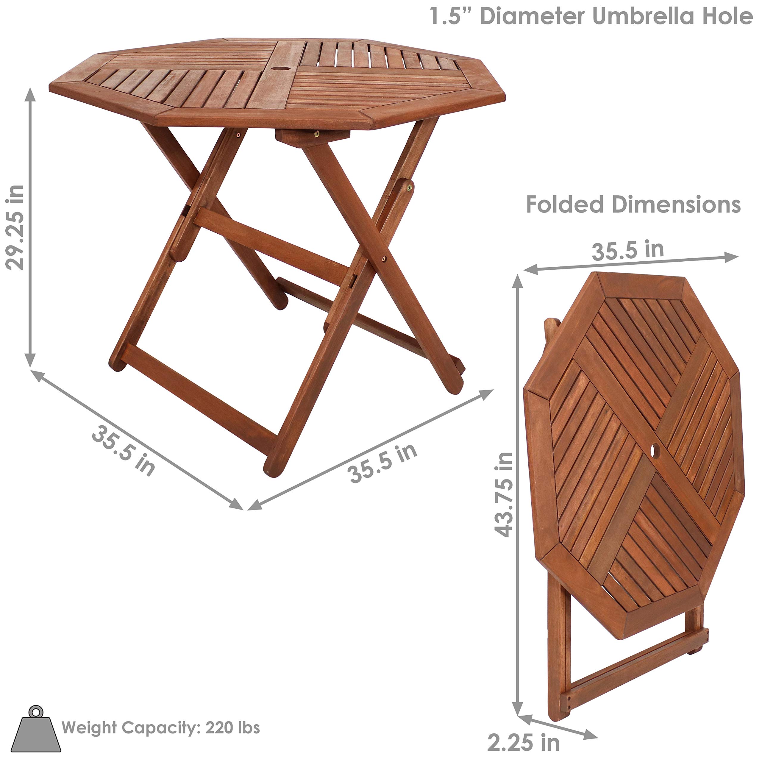 Sunnydaze Meranti Wood Octagon Outdoor Folding Table - 35.5 Inch Teak Oil Finish Patio Dining Table - Perfect for Backyard BBQs, Poolside Gatherings & Garden Parties