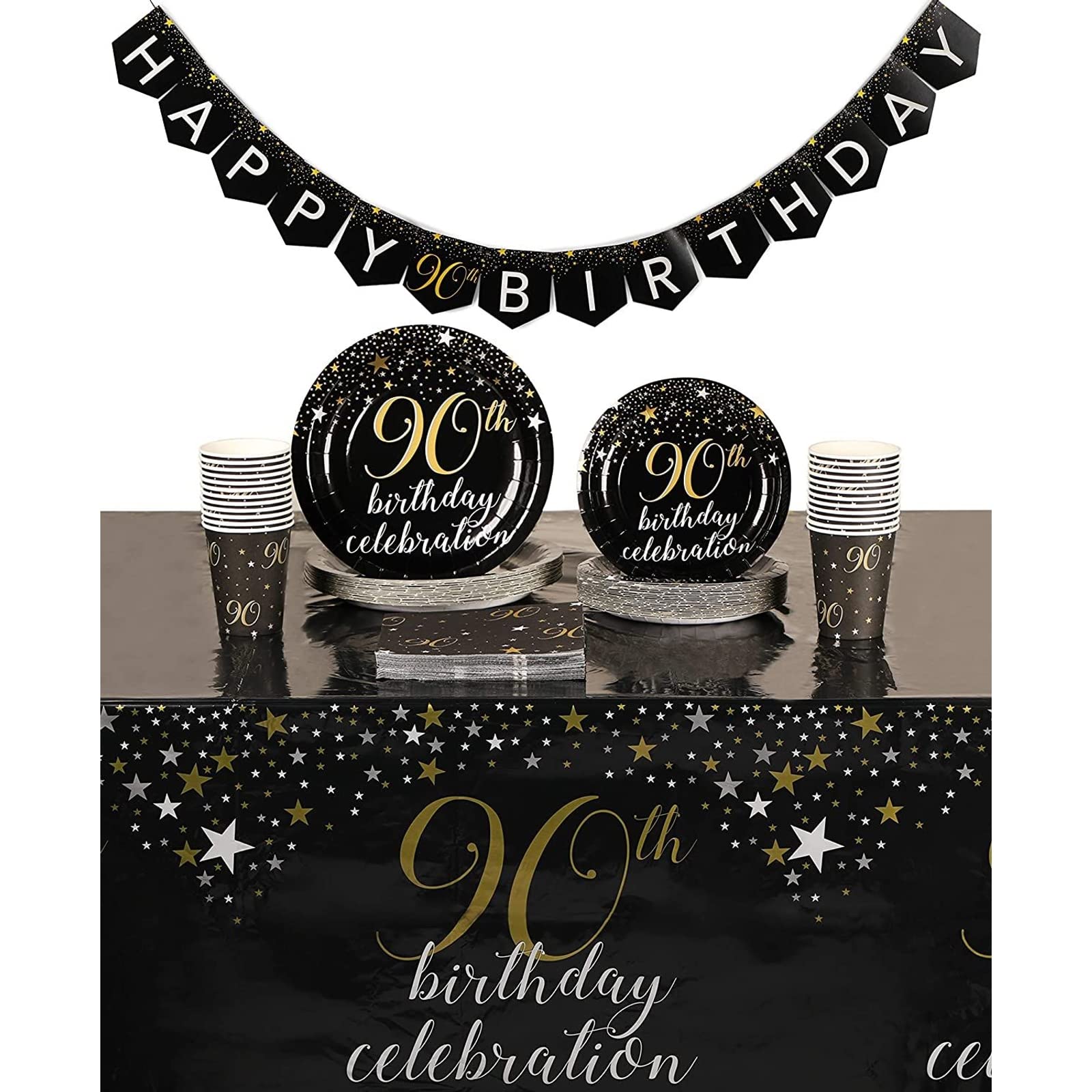 Sparkle and Bash 90th Birthday Party Supplies Kit - 24-Person Black & Gold Decor Set with Plates, Napkins, Cups, Tablecloths & Banner | Perfect for Milestone Celebrations, Retirement Parties & Golden Anniversary Decorations