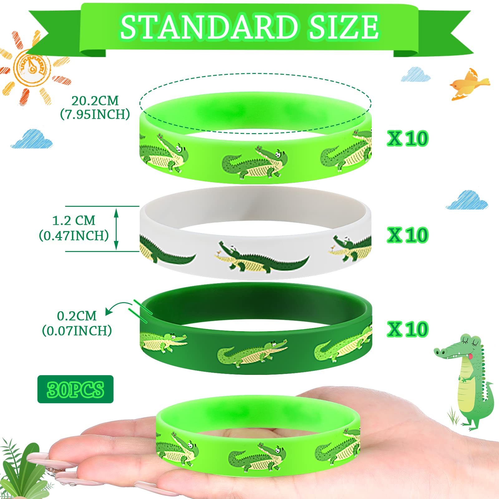 Junkin 30 Pack Reptile Party Supplies - Silicone Wristbands, Crocodile Favors Bracelets for Kids, Birthday Party Gifts & Bag Stuffers - Perfect for Reptile Themed Parties, Zoo Events & Classroom Rewards (Crocodile Design)