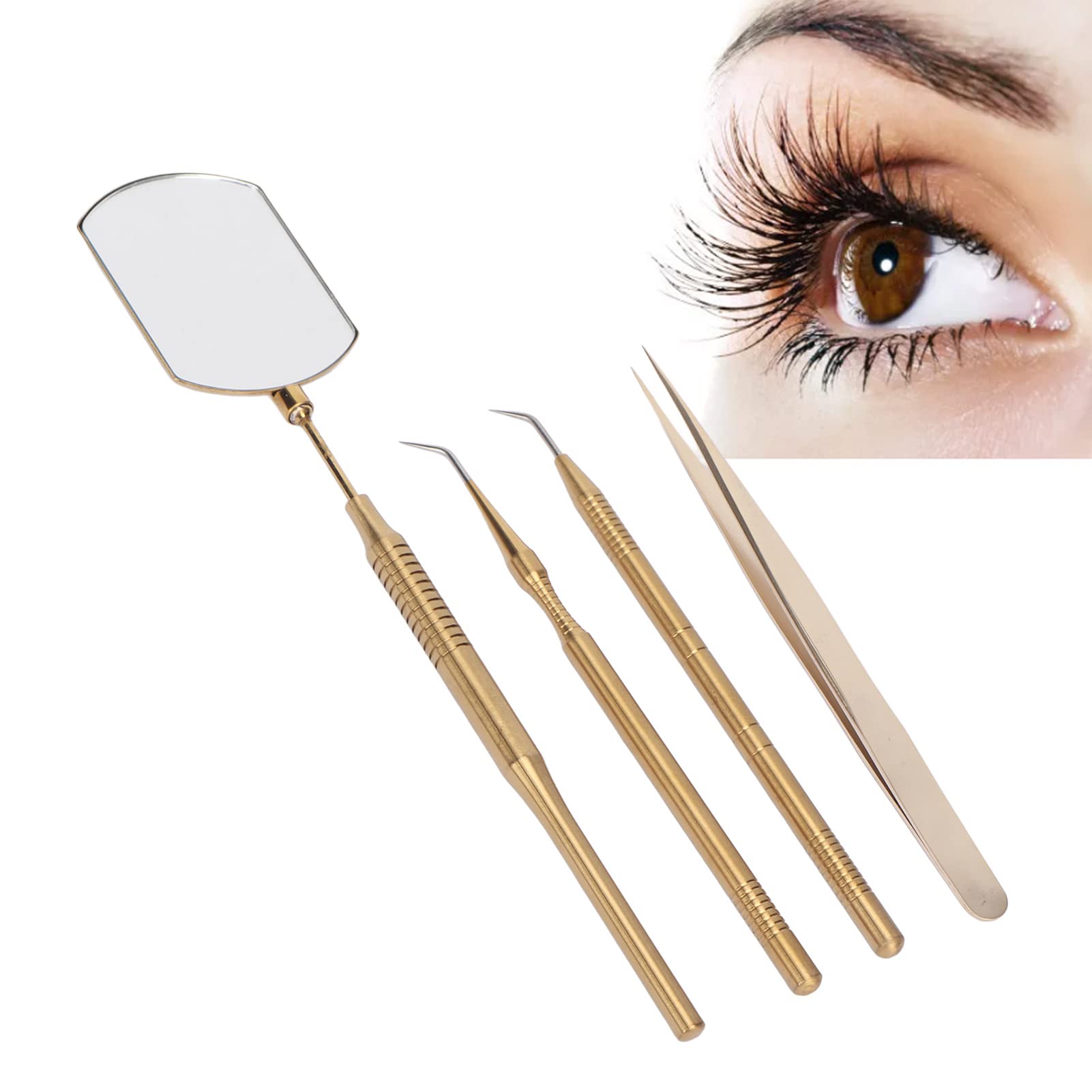 Professional Eyelash Extension Kit - Stainless Steel Tweezers Set with Rotatable Inspection Mirror for Precise Lash Application (Gold) | Perfect for Salon Professionals & DIY Lash Artists at Home