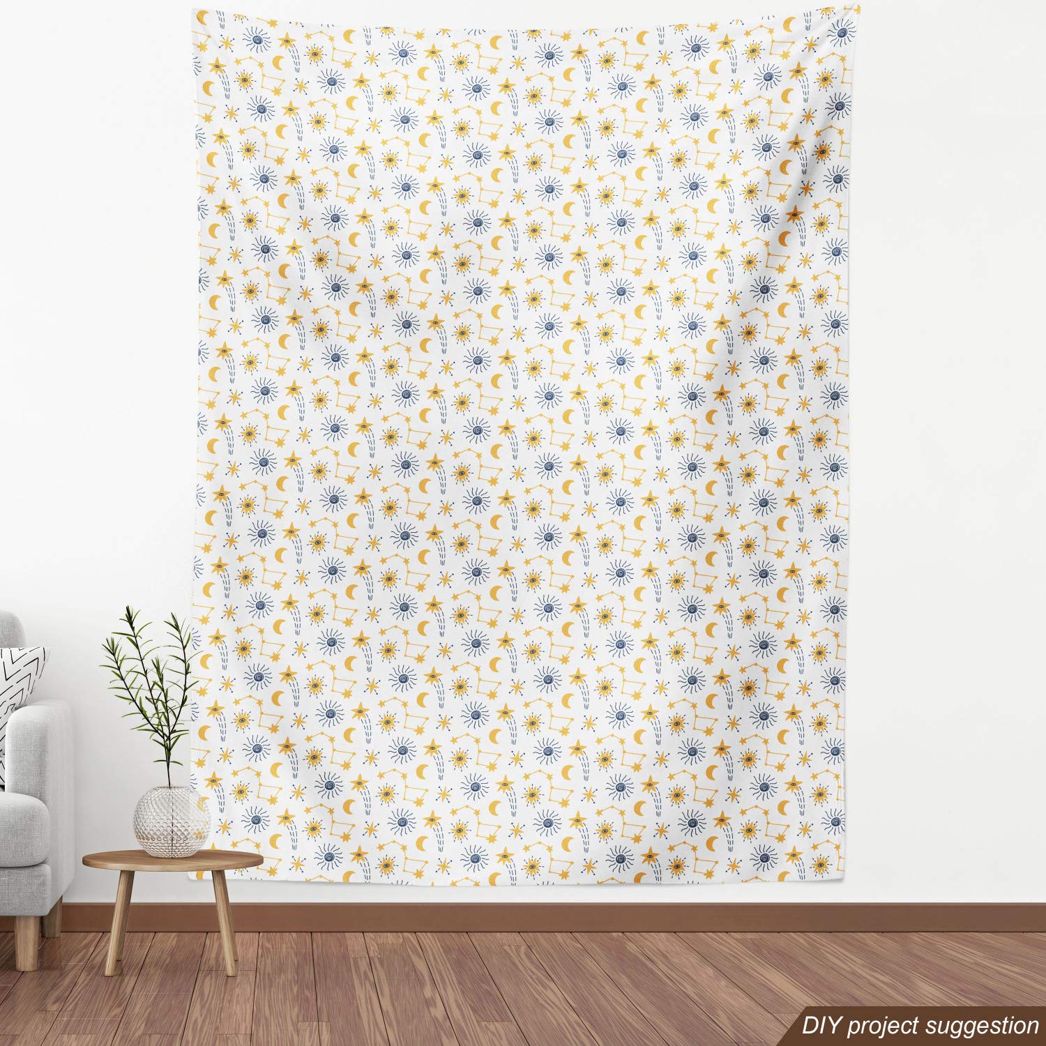 Ambesonne Cartoon Fabric by The Yard - Scandinavian Style Outer Space Print with Stars, Comets & Planets - Decorative Upholstery Fabric for Sofa, Curtains & Home Decor (10 Yards, Night Blue & Pale Orange) - Perfect for DIY Projects, Nursery Decor & Space-Themed Bedrooms
