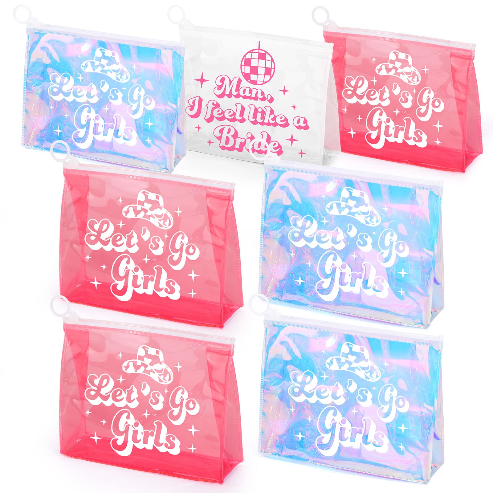 7 Pcs Retro Disco Cowgirl Makeup Bags - Holographic Cosmetic Bags with Zipper for Bachelorette Party, Girls Trip & Gift Ideas | Perfect for Travel, Bridal Showers & Festival Essentials