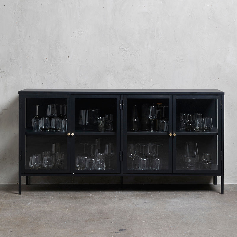 Modern CARMEL 4 Glass Door Sideboard Buffet Cabinet - 170cm Wide Black Wooden Storage Unit for Dining Room & Living Room - Perfect for Displaying China, Glassware & Home Decor