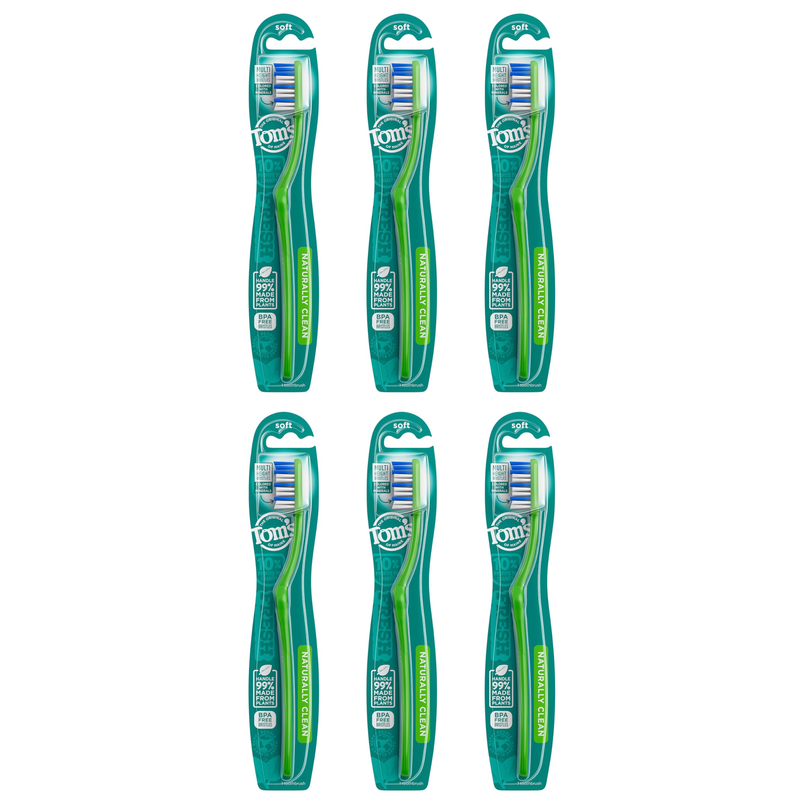 Tom's of Maine Naturally Clean Soft Toothbrush - 6 Pack | Eco-Friendly, BPA-Free for Sensitive Teeth | Perfect for Travel & Daily Oral Care
