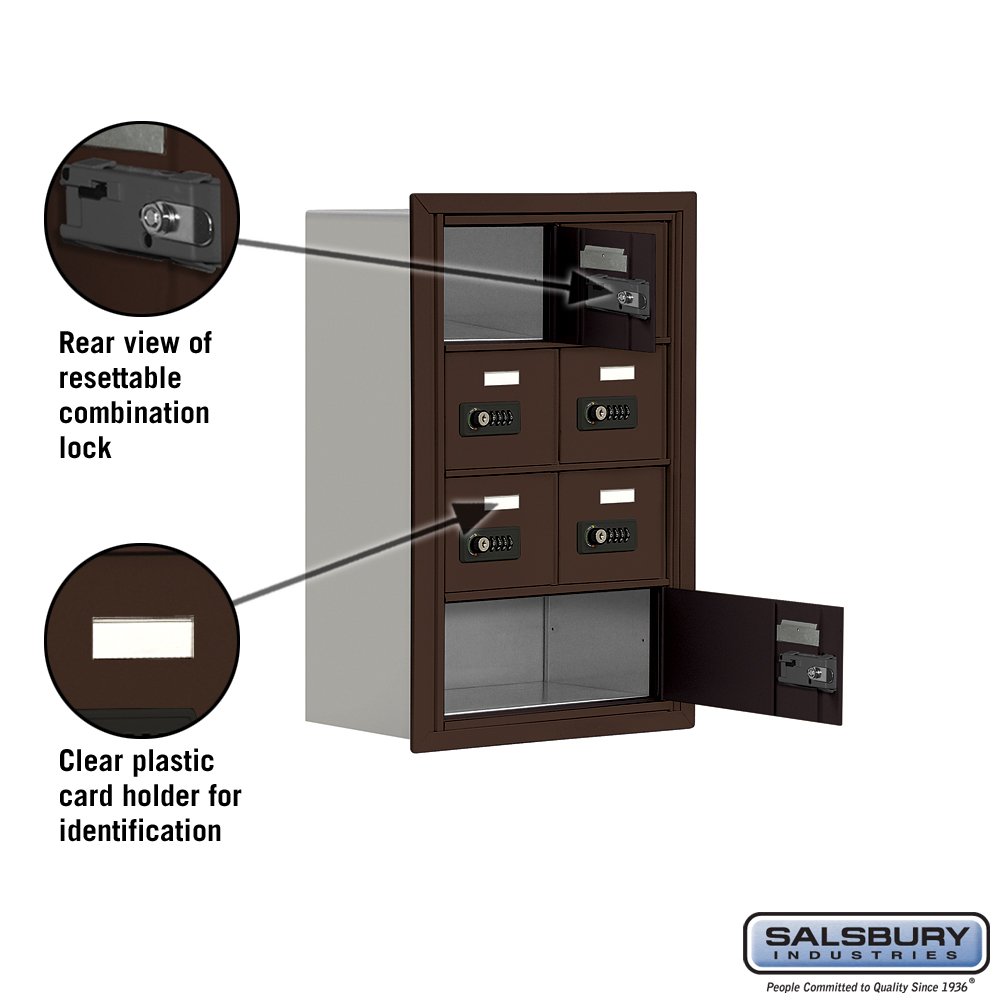 Salsbury Industries 19048-07ZRC 4-Unit Recessed Wall Mount Cell Phone Locker with Resettable Combination Locks - 8-Inch Bronze Compartments for Schools, Gyms & Offices