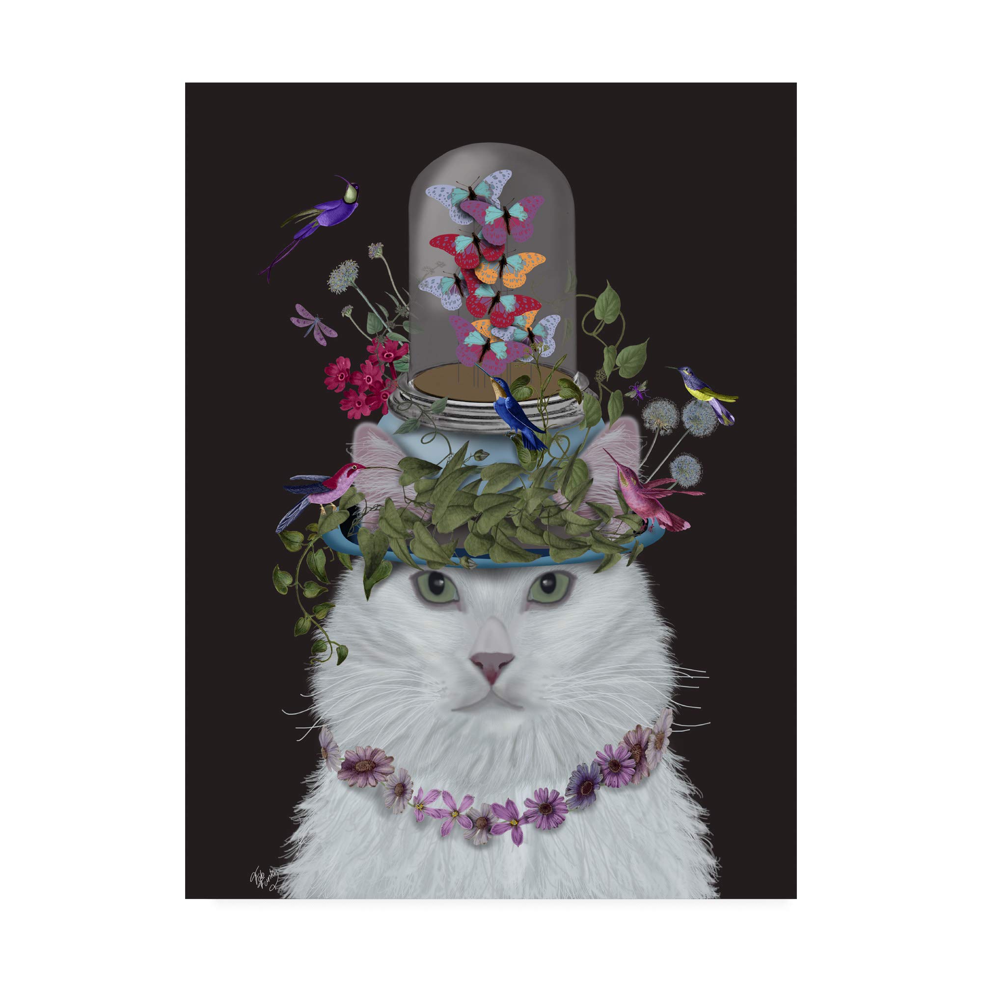 Fab Funky White Cat with Butterfly Bell Jar Art Print on Black - 35x47 Wall Decor for Living Room, Bedroom & Office
