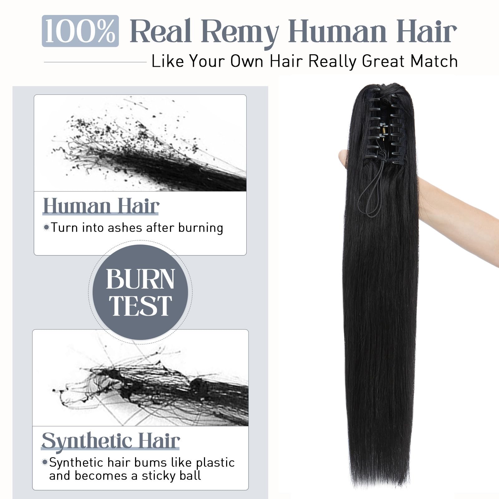 Rich Choices Jet Black 22 Inch 120g One Piece Claw Clip Human Hair Ponytail Extension - Real Hair Balayage Straight Ponytail for Women - Perfect for Parties, Weddings & Everyday Styling