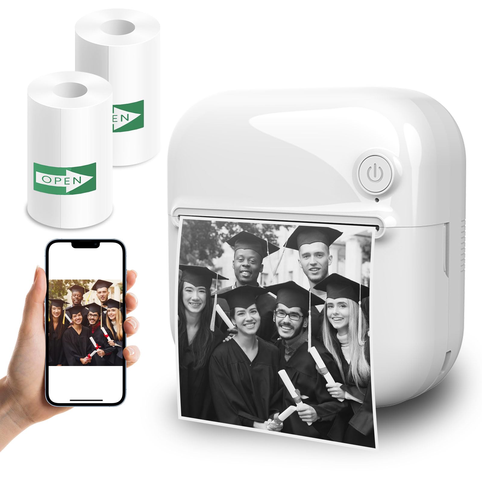 Inkless Mini Sticker Printer for iOS & Android - Portable Sticker Maker with 3 Rolls for Study Notes, Memos, Journals | Perfect for Students, Office Work & Creative Projects (White)