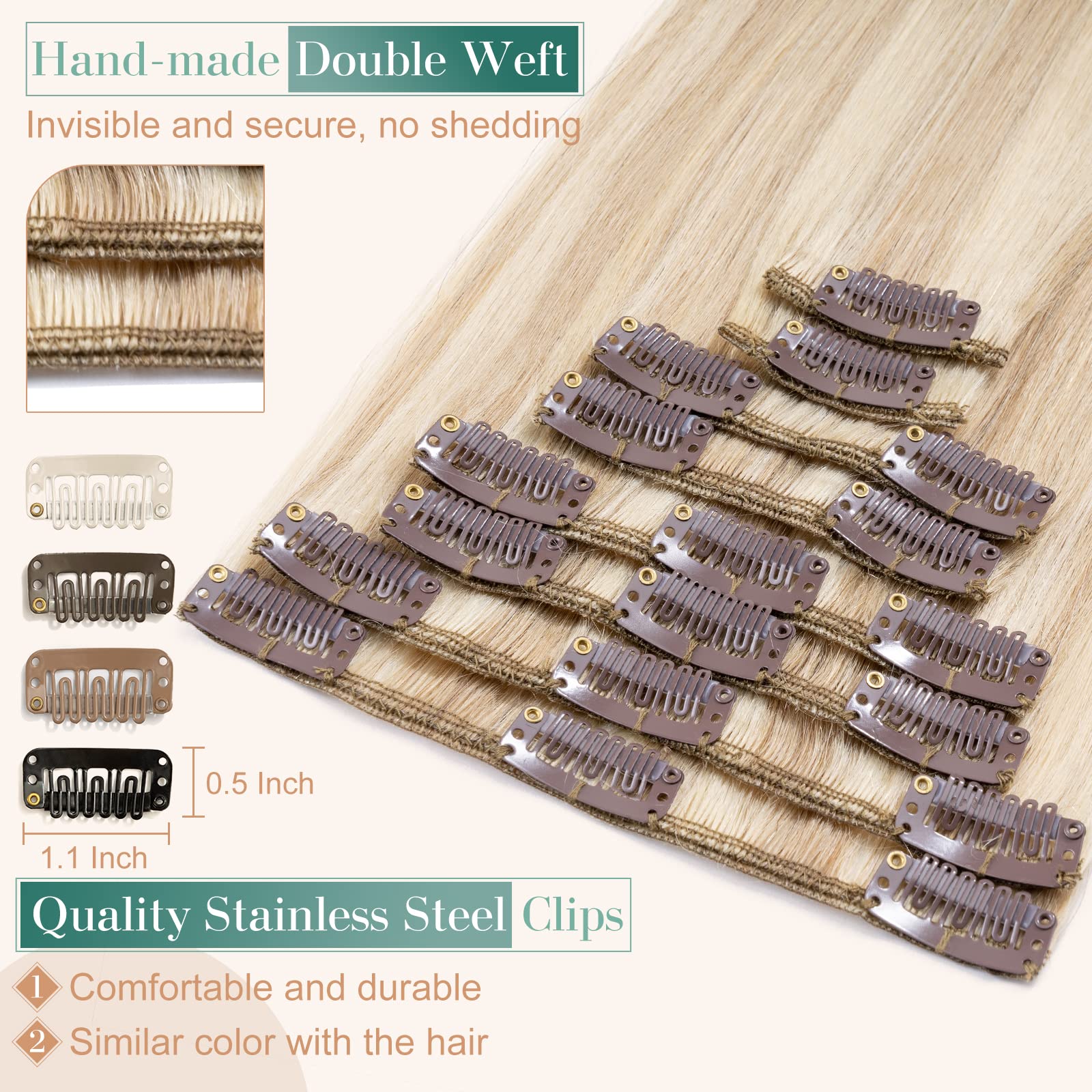 8pcs 14inch Clip In Human Hair Extensions - Ombre Light Ash Brown to Bleach Blonde Highlights for Volume & Length | Perfect for Parties, Weddings & Daily Styling