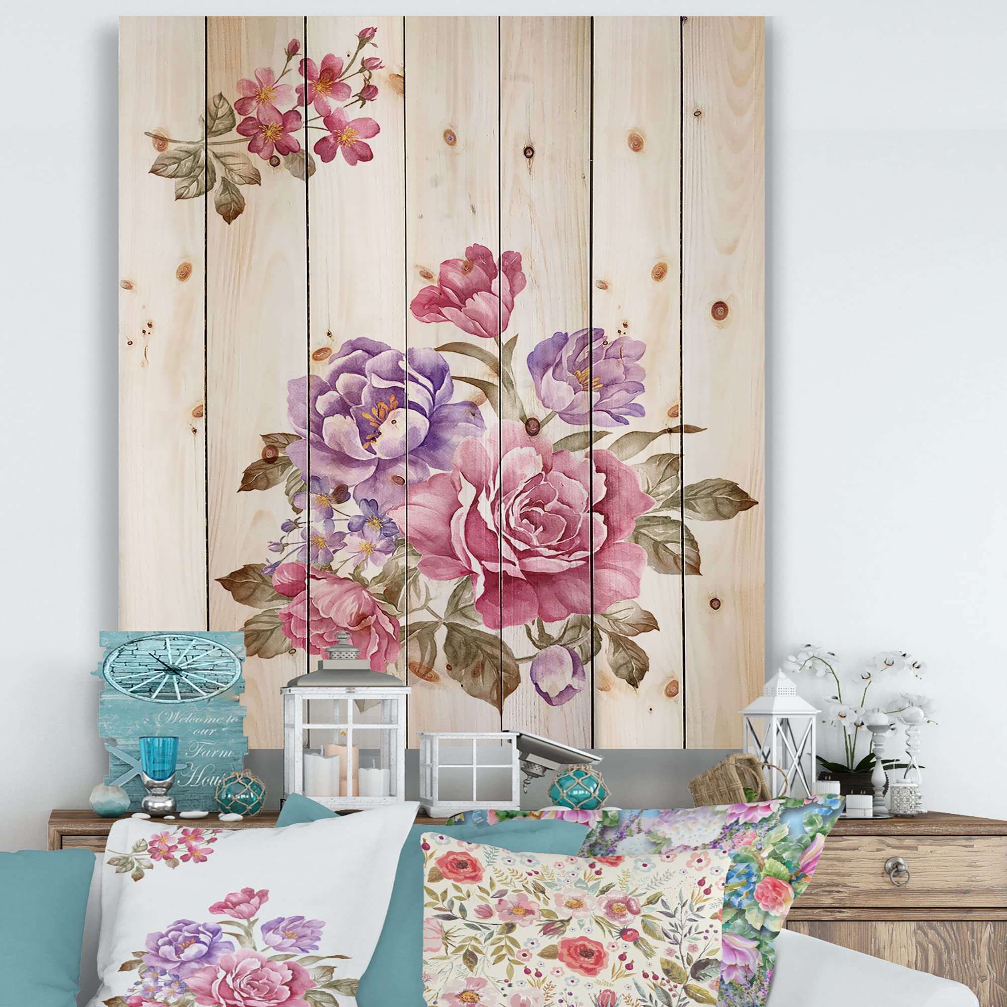 Farmhouse Wood Wall Decor - Pink and Purple Floral Bouquet Wall Art, Large Printed Pine Wood Panels for Home & Office Decoration | Perfect for Living Room, Bedroom, or Wedding Backdrop