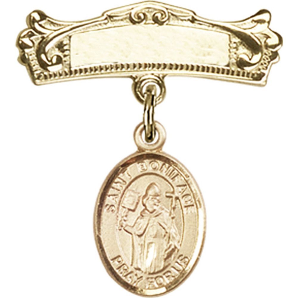7/8 X 3/4 Inch Gold Filled Baby Badge with St. Boniface Charm & Arched Polished Pin - Perfect for Christening Gifts, Baby Showers & First Communion Keepsakes