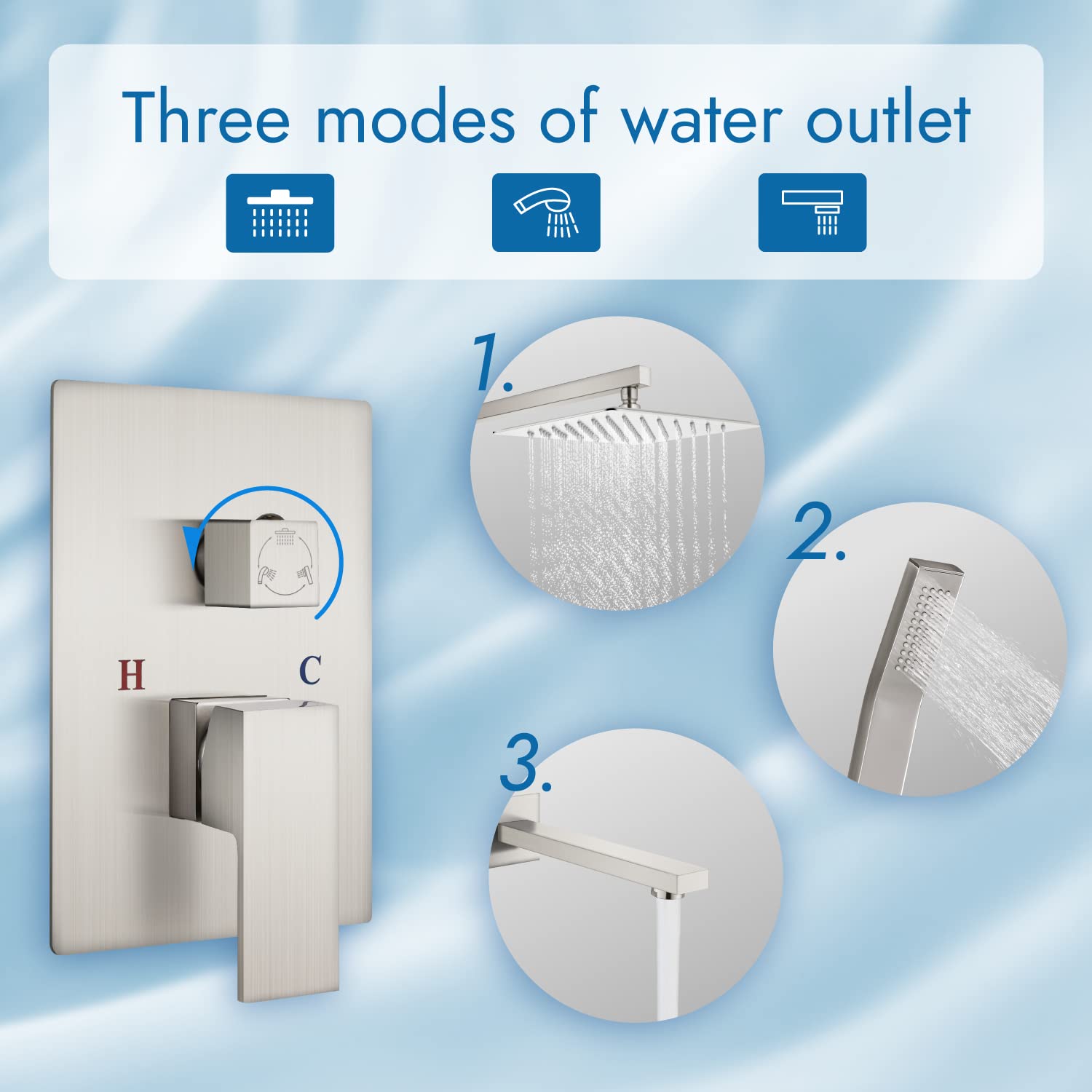 Brushed Nickel Wall Mount Shower System - 3 Function Mixer Shower Combo Kit with 12 Inch Rainfall Shower Head, Handheld Spray & Bathtub Spout | Luxury Rough-in Valve | Perfect for Bathroom Renovation & Spa-Like Shower Experience