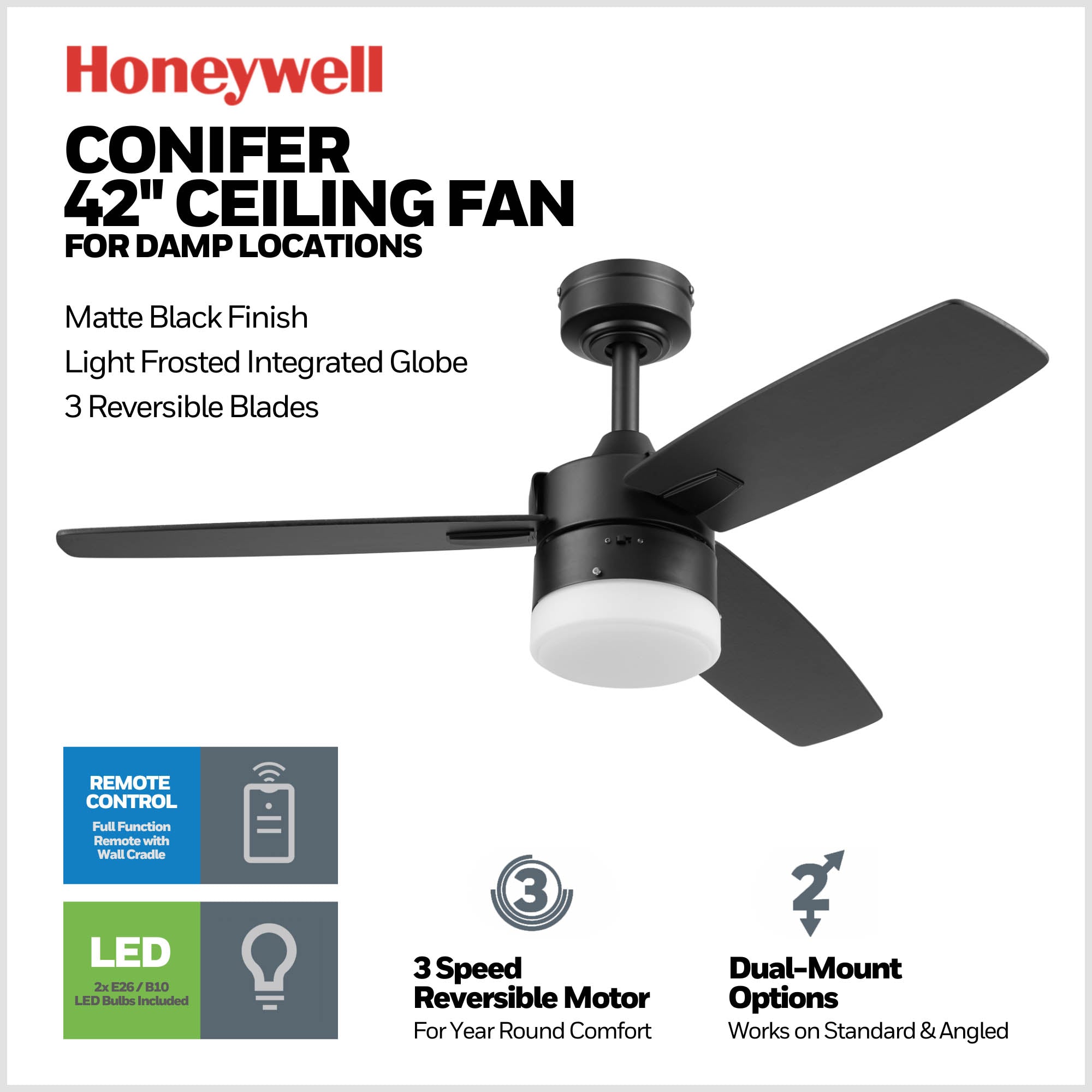 42 Inch Honeywell Conifer Matte Black Ceiling Fan with Light Kit and Remote Control - Perfect for Living Room, Bedroom, and Outdoor Patio Cooling