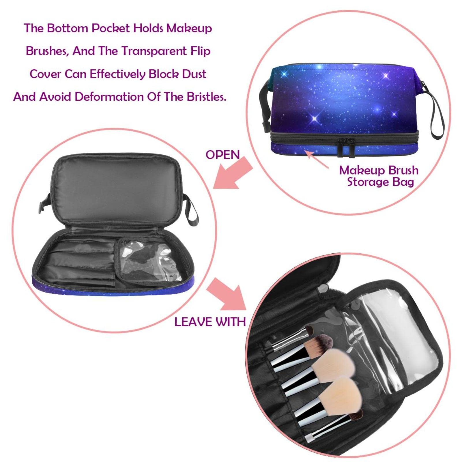 Stylish Large Makeup Bag for Women - Waterproof Travel Cosmetic Organizer with Brush Holder, Sky Purple Galaxy Design - Perfect for Travel, Gym & Daily Use