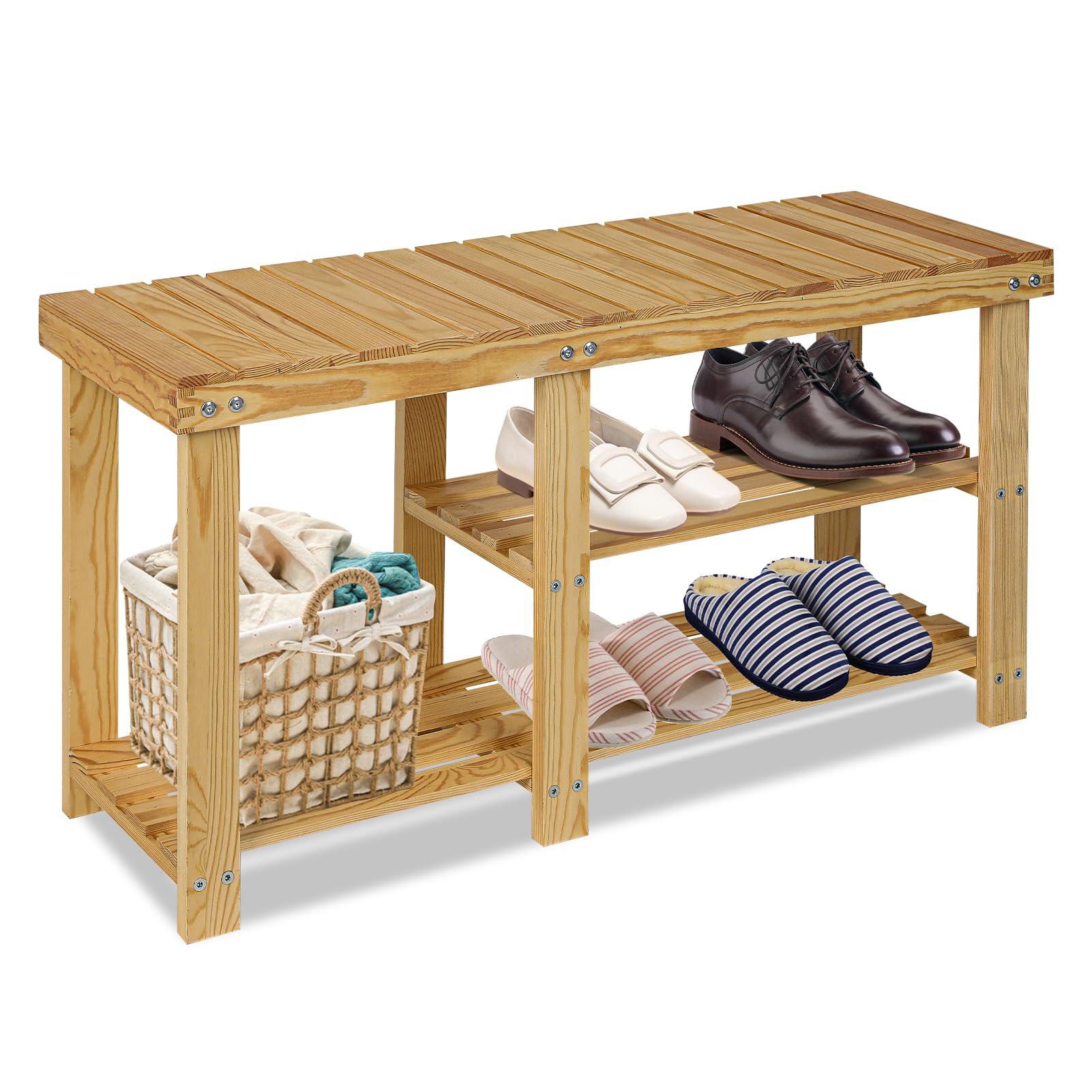 ECOMEX 3-Tier Wooden Shoe Rack Bench - Entryway Shoe Organizer with Storage Shelf for Bedroom, Balcony, Hallway - Natural Wood Color (33.5