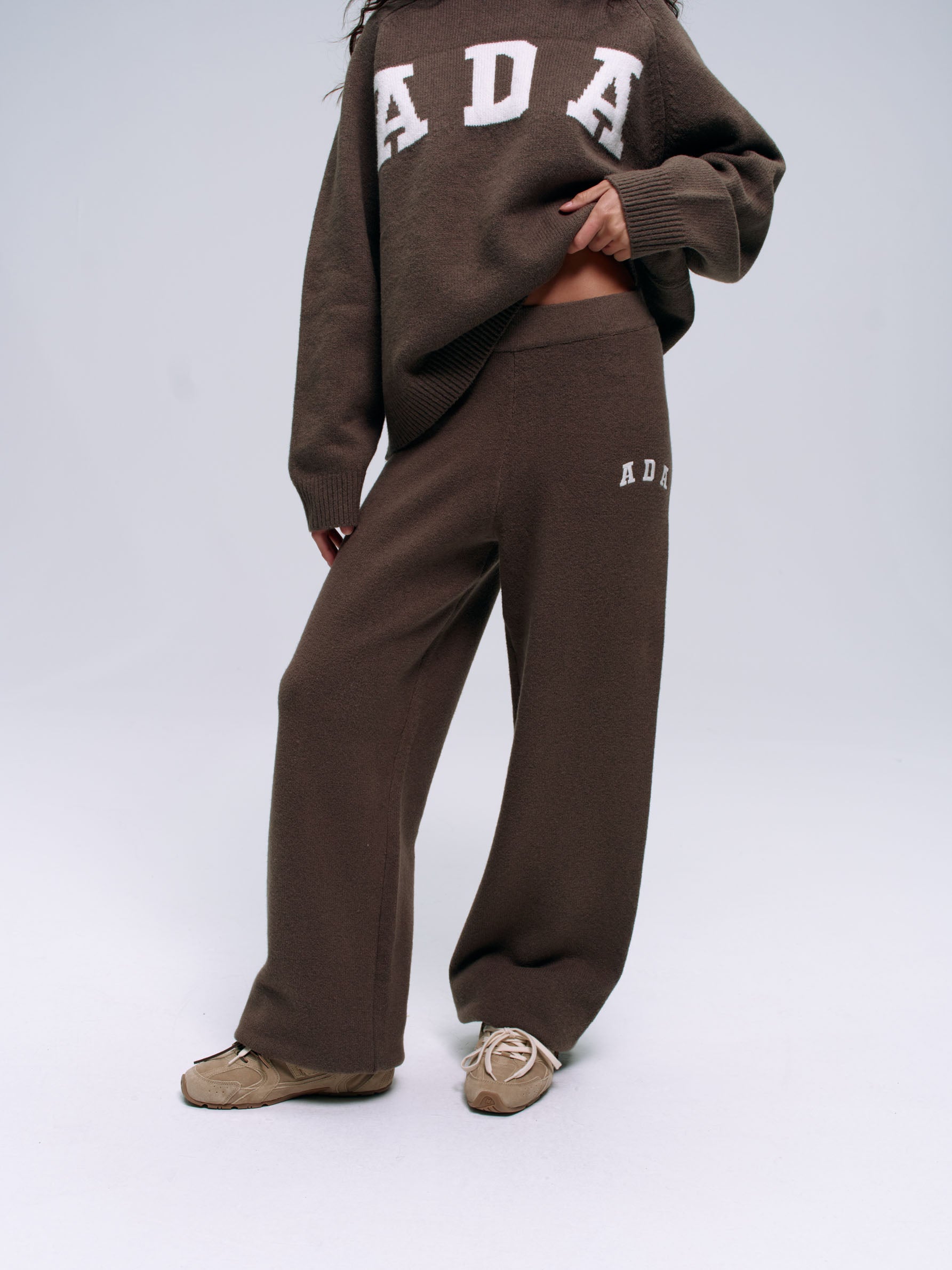 ADA Knit Straight Leg Sweatpants for Women - Dark Cocoa Brown & Cream | Comfortable Casual Lounge Pants for Home, Yoga, and Running