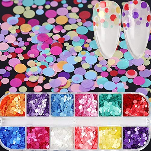 Rainbow Holo Circle Sequins for Nail Art - 12 Grids/Box Mix Sizes - Perfect for DIY Manicures & Nail Decoration