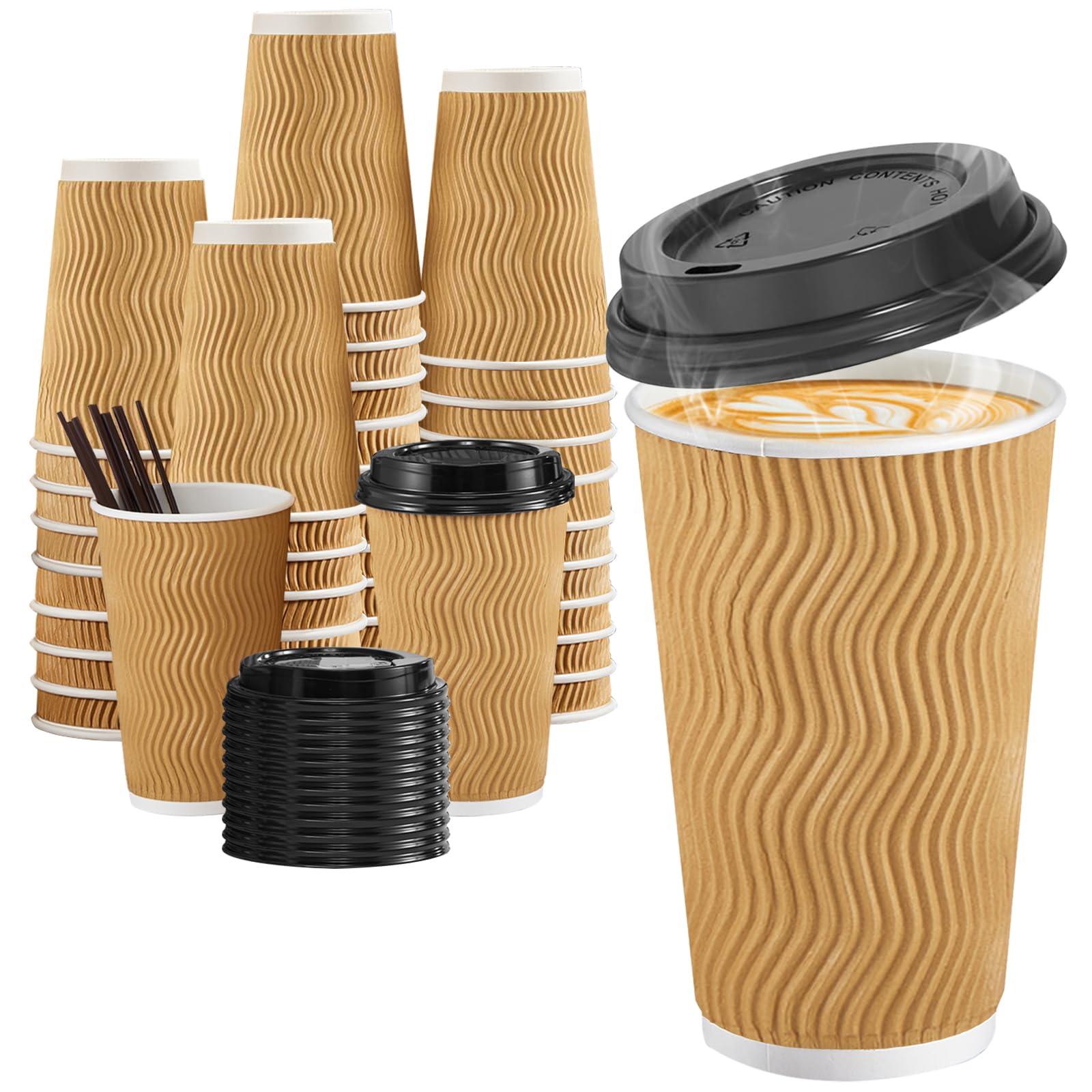 80 Pack 16oz Disposable Coffee Cups with Lids & Straws - Insulated Paper Hot/Cold Drink Cups, Corrugated Ripple Wall Design for Coffee, Tea, Hot Chocolate, Juice, Smoothies - Perfect for Cafes, Offices, Parties, and Takeout