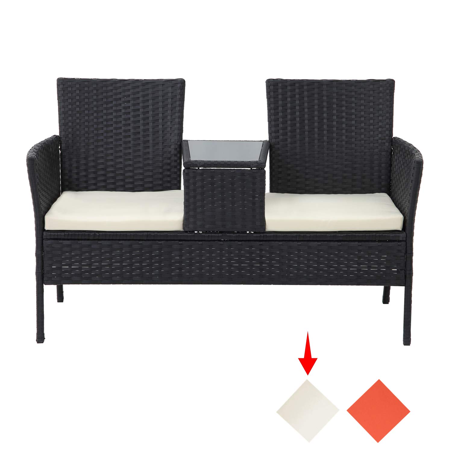 **Outdoor Wicker Patio Furniture Set - Beige Loveseat Sofa with Cushions & Tempered Glass Table, Rattan Conversation Set for Garden, Backyard, Balcony - Perfect for Relaxing, Entertaining & Outdoor Dining**