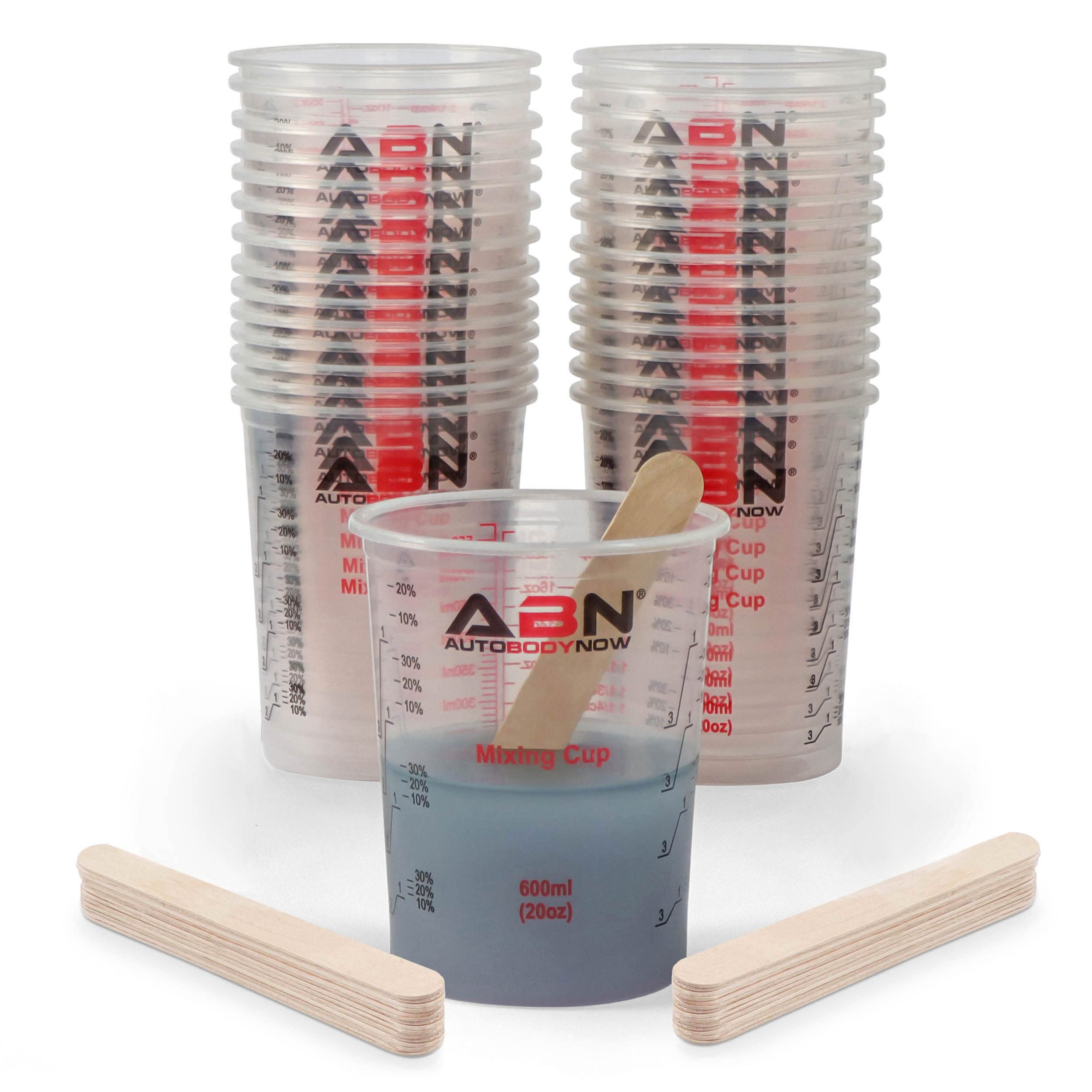 ABN 20oz Automotive Paint Mixing Cups - 25 Pack Plastic Measuring Cups for Epoxy Resin, Activators, Thinners - Includes Bonus Mixing Sticks - Perfect for Auto Body Repair, DIY Projects & Crafting