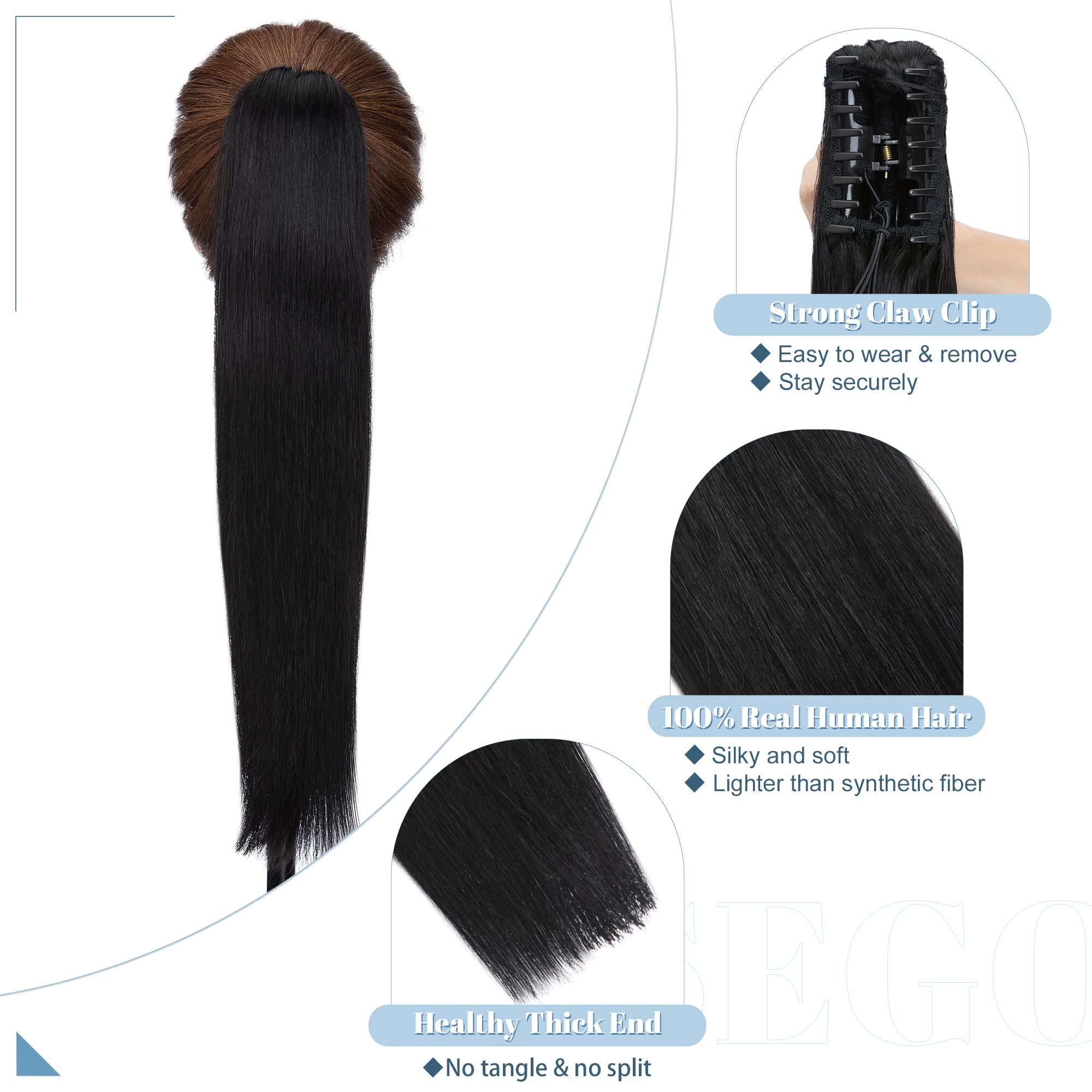 SEGO 20 Inch Jet Black Human Hair Clip-in Ponytail Extension - 120g Long Straight Real Human Hair Ponytail for Women | Perfect for Parties, Weddings & Everyday Styling