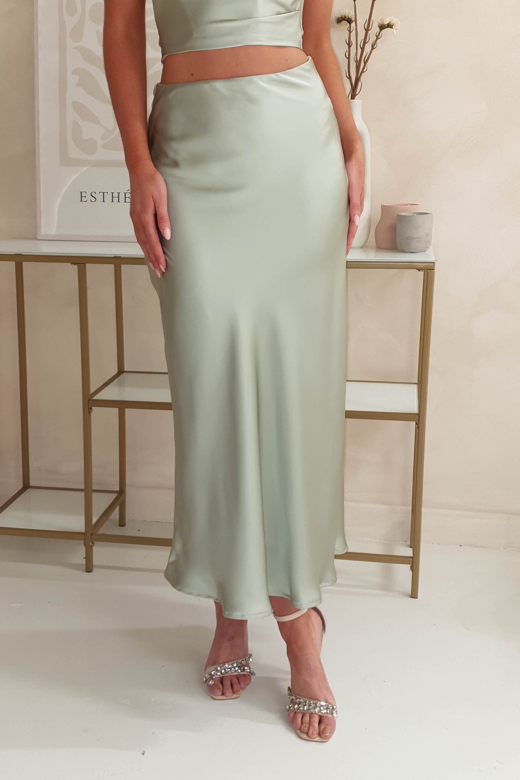 Imogen Satin Maxi Skirt for Women - Elegant Long Flowy Skirt in Sage Green | Perfect for Weddings, Parties & Special Occasions