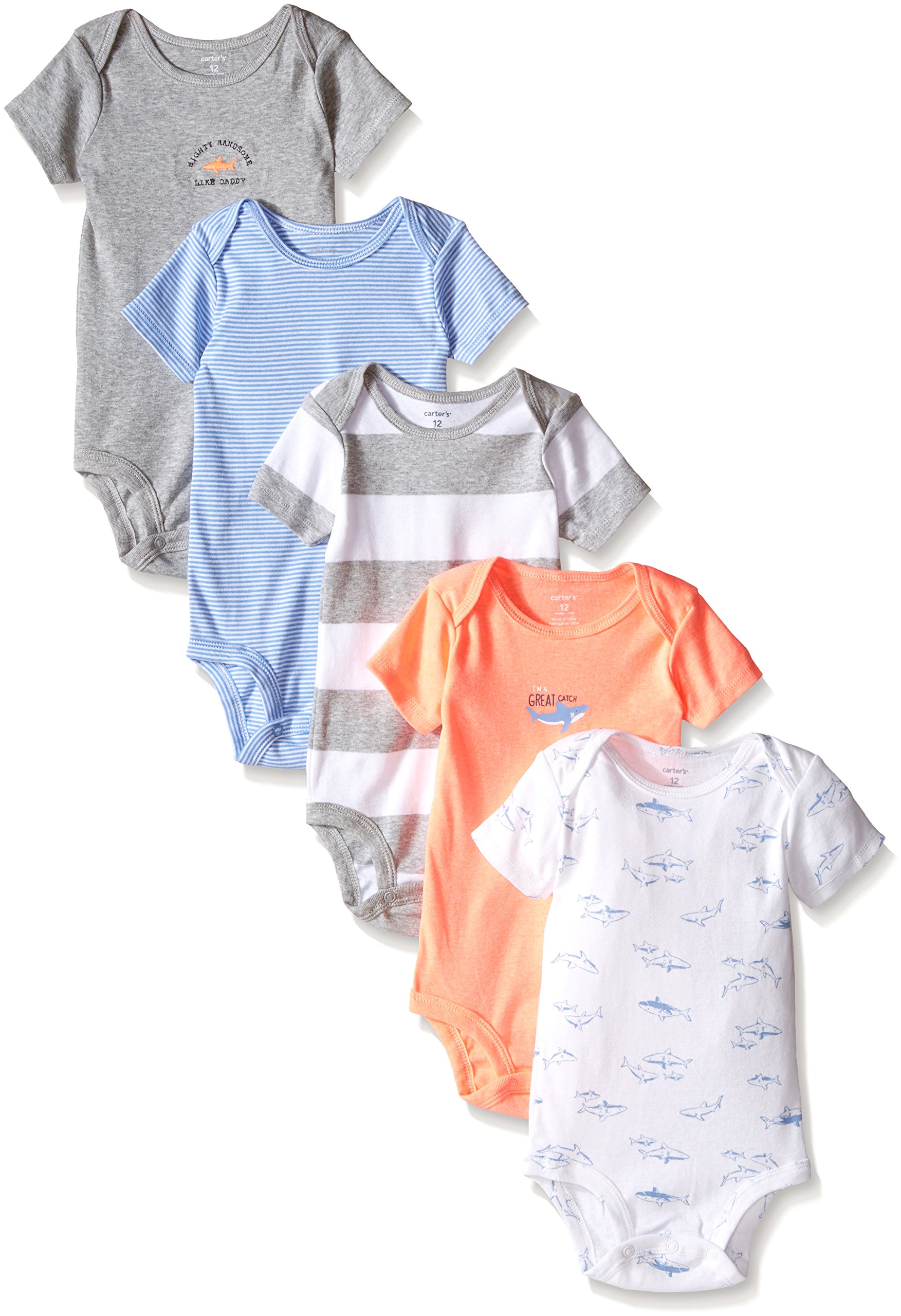 Carters Baby Boys' Shark Bodysuit 5-Pack - Soft Cotton Onesies for Newborns & Infants - Grey Multi Color - Perfect for Playtime, Daycare & Photo Shoots