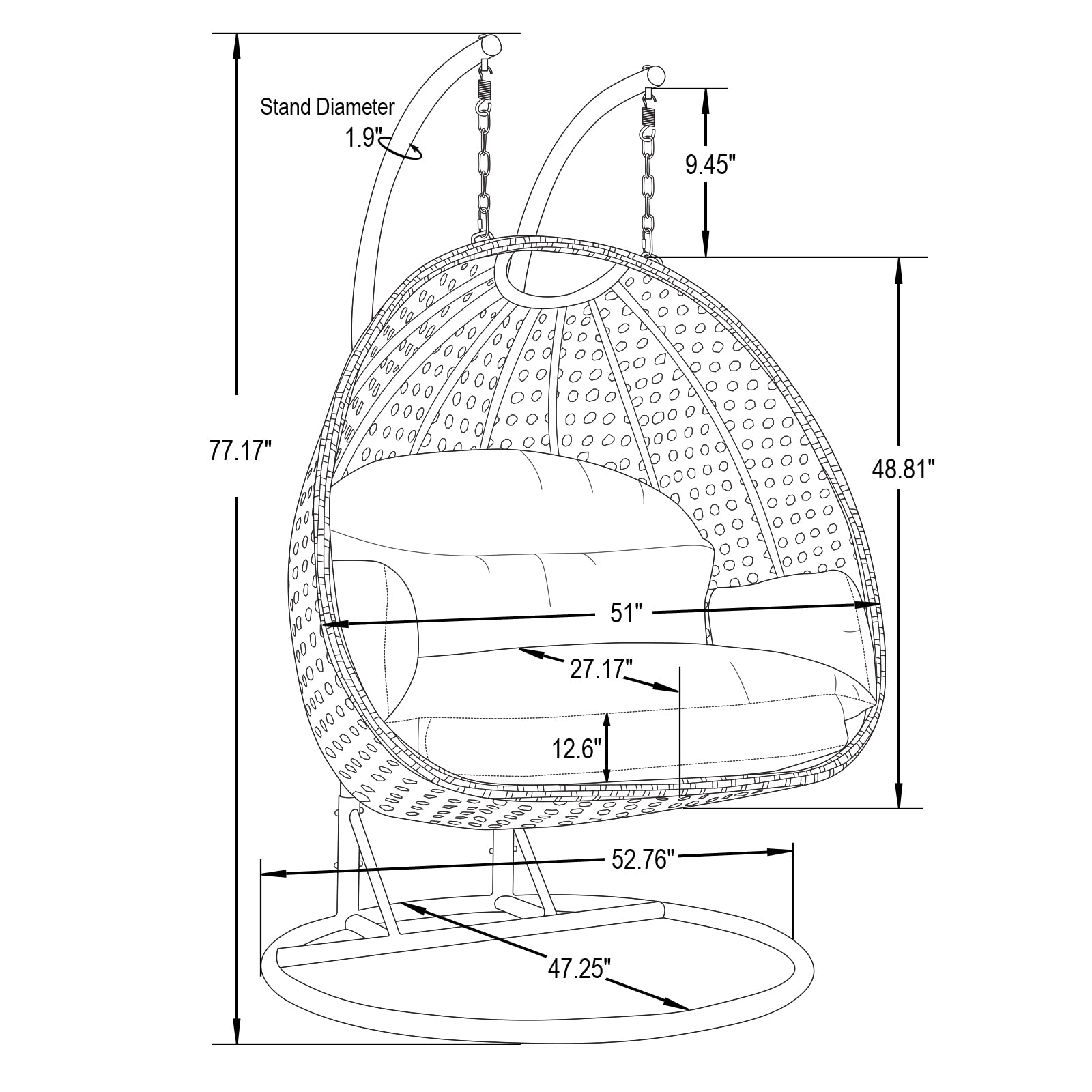 LeisureMod Mendoza Charcoal Wicker 2-Person Patio Hanging Egg Chair with Stand & Cushions - Indoor/Outdoor Swing for Garden, Porch, Backyard - Light Grey - Perfect for Relaxing, Lounging & Reading