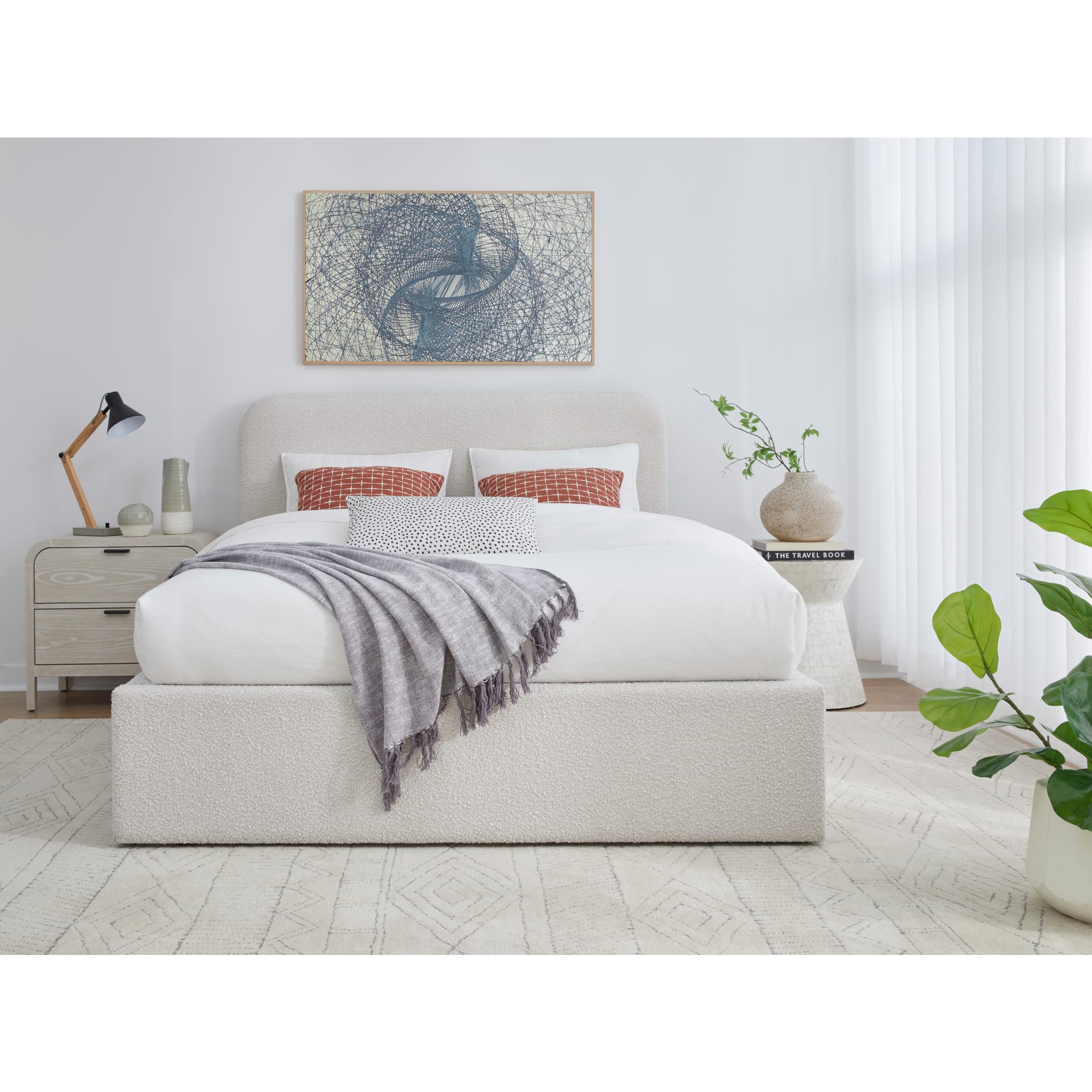 Luxury Off White Upholstered Platform Bed Frame with Ricotta Boucle Fabric - Modern Bedroom Furniture for Master Suite, Guest Room & Apartment
