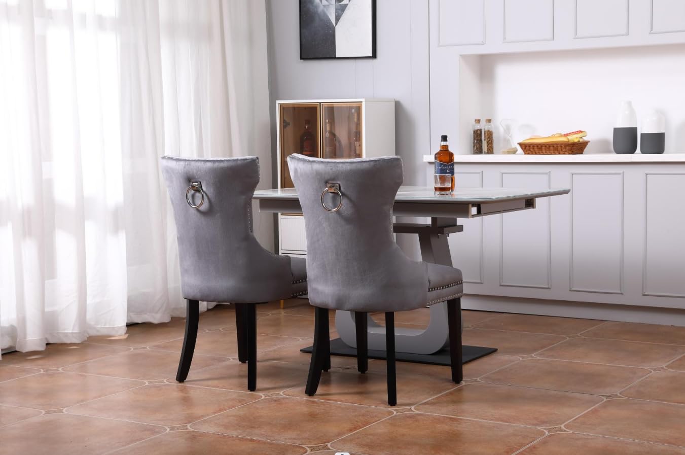 Luxury Grey Velvet Dining Chairs Set of 2 - Upholstered High Back Kitchen & Dining Room Chairs with Ring and Studs Design for Elegant Home Decor, Dinner Parties & Formal Entertaining