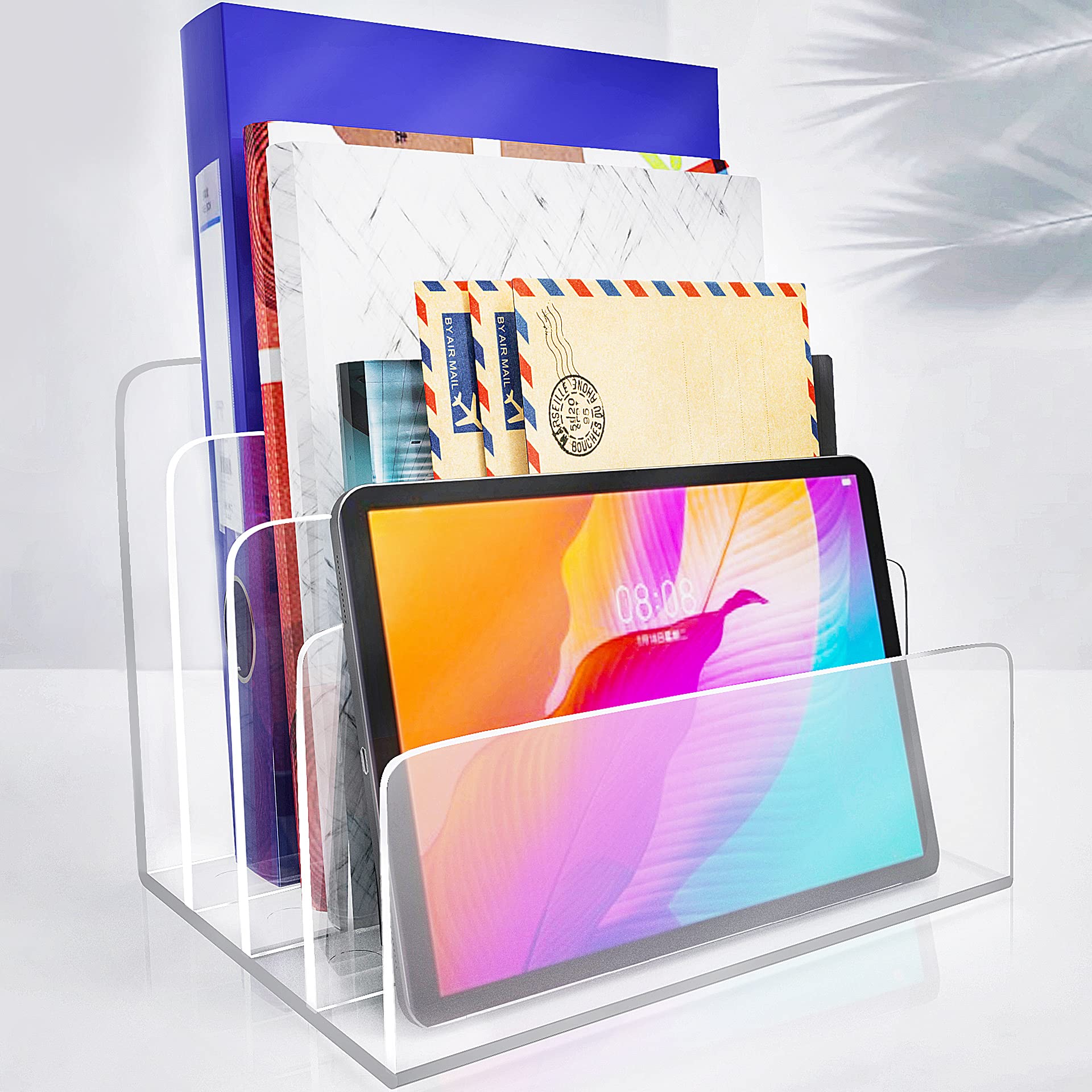 Clear Acrylic File Organizer with 4 Sections - Desktop File Holder for Office, Mail, Letters & Books - Perfect for Organizing Folders, Electronics & Makeup Palettes - Ideal for Home Office, School & Beauty Stations